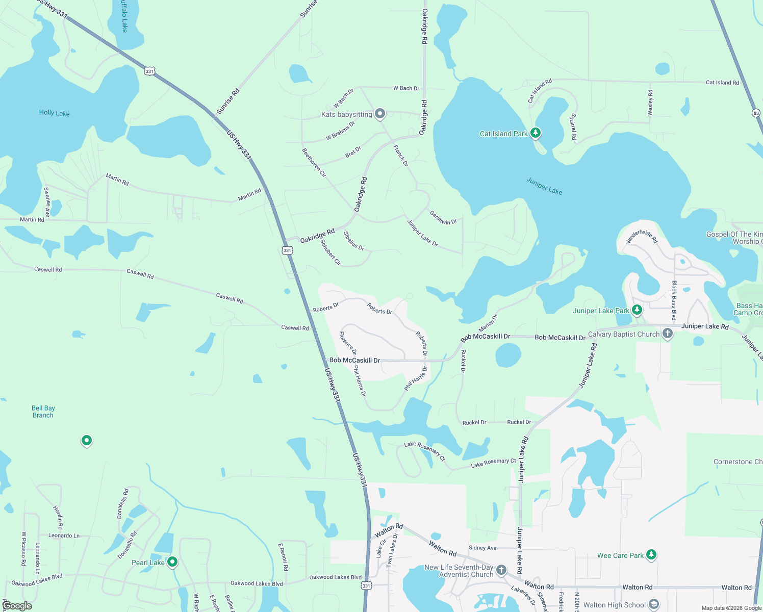 map of restaurants, bars, coffee shops, grocery stores, and more near 385 Roberts Drive in DeFuniak Springs
