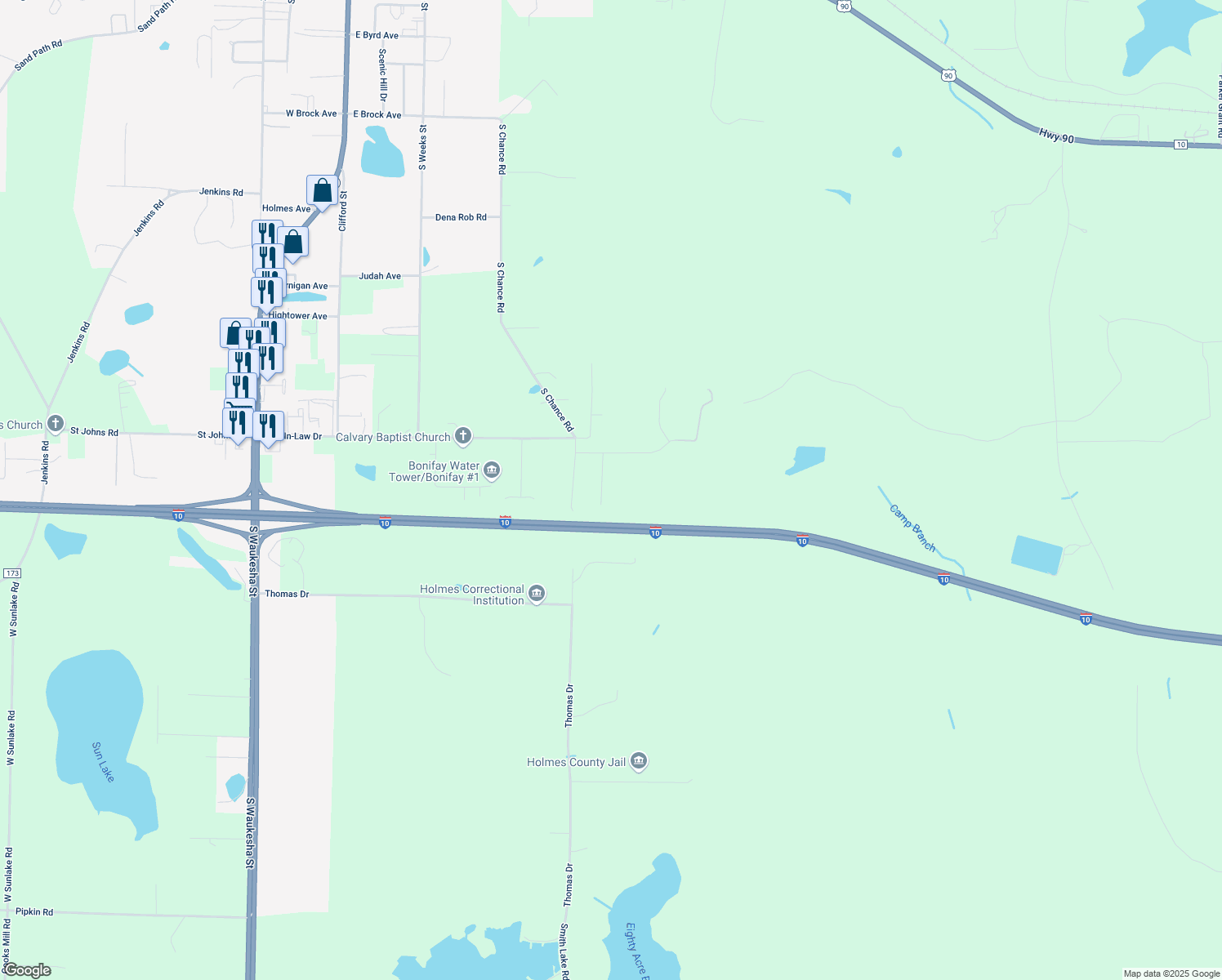 map of restaurants, bars, coffee shops, grocery stores, and more near 2324 Sweetgum Drive in Bonifay
