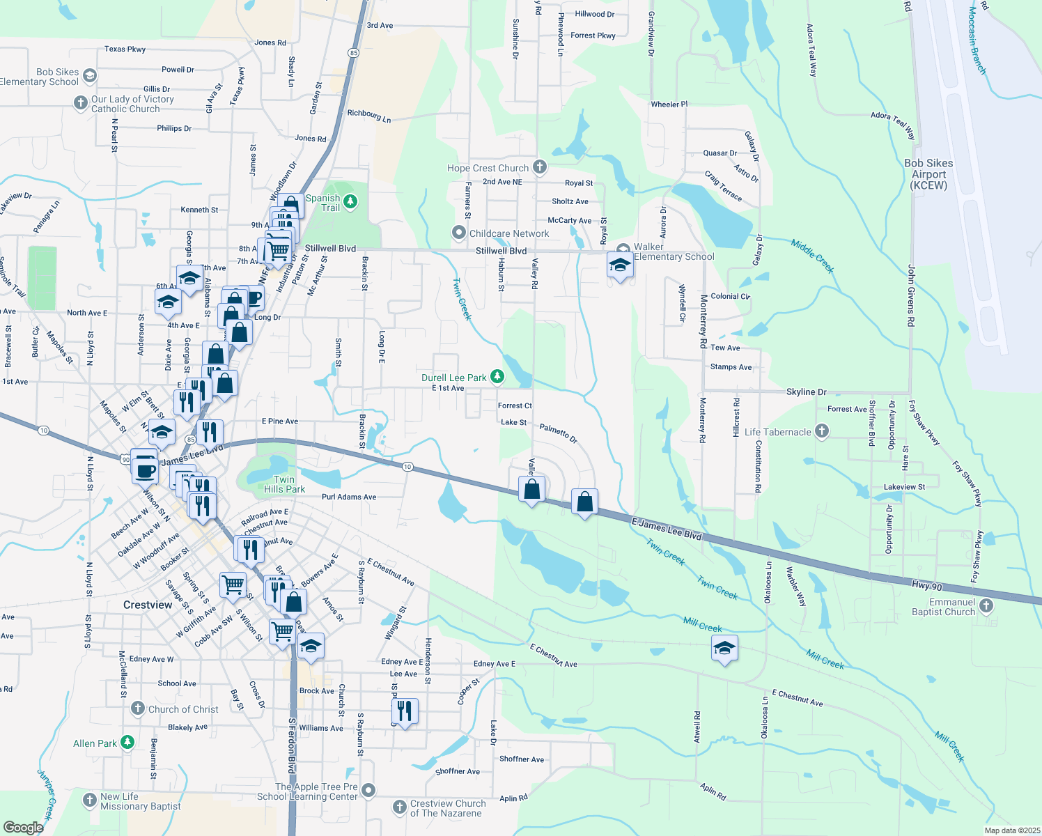 map of restaurants, bars, coffee shops, grocery stores, and more near 512 Candlewood Lane in Crestview