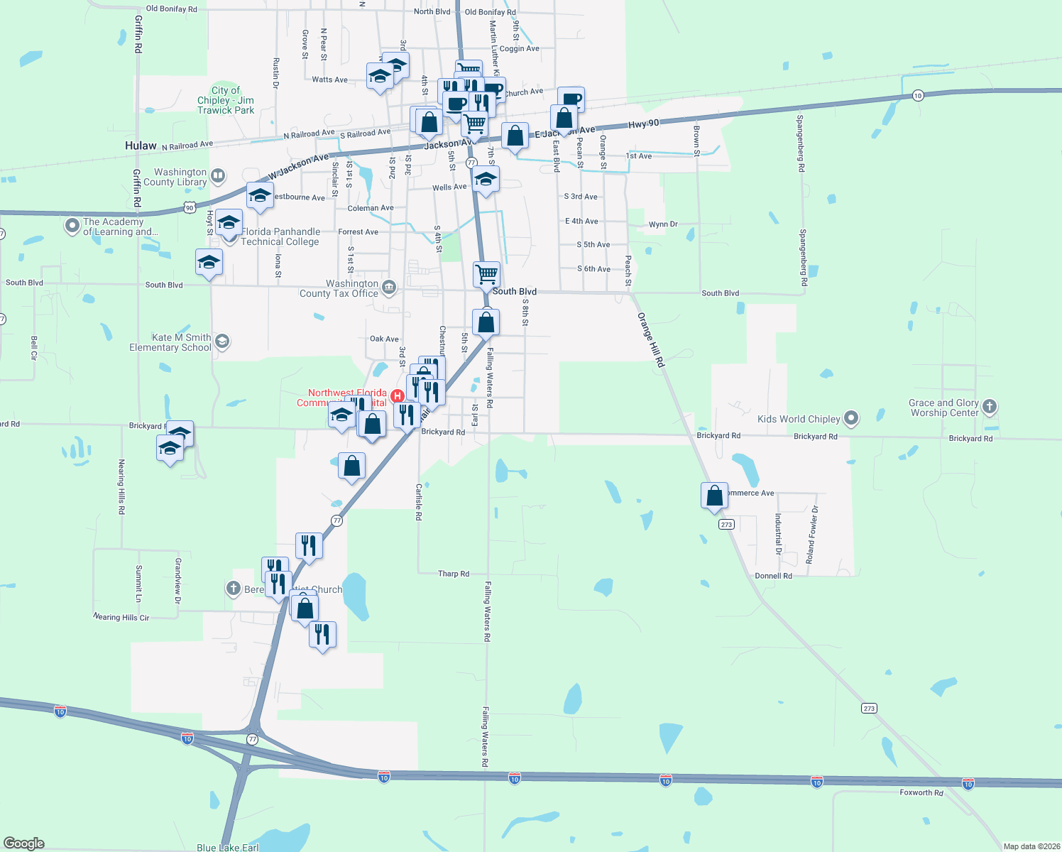map of restaurants, bars, coffee shops, grocery stores, and more near 1254 Brickyard Road in Chipley