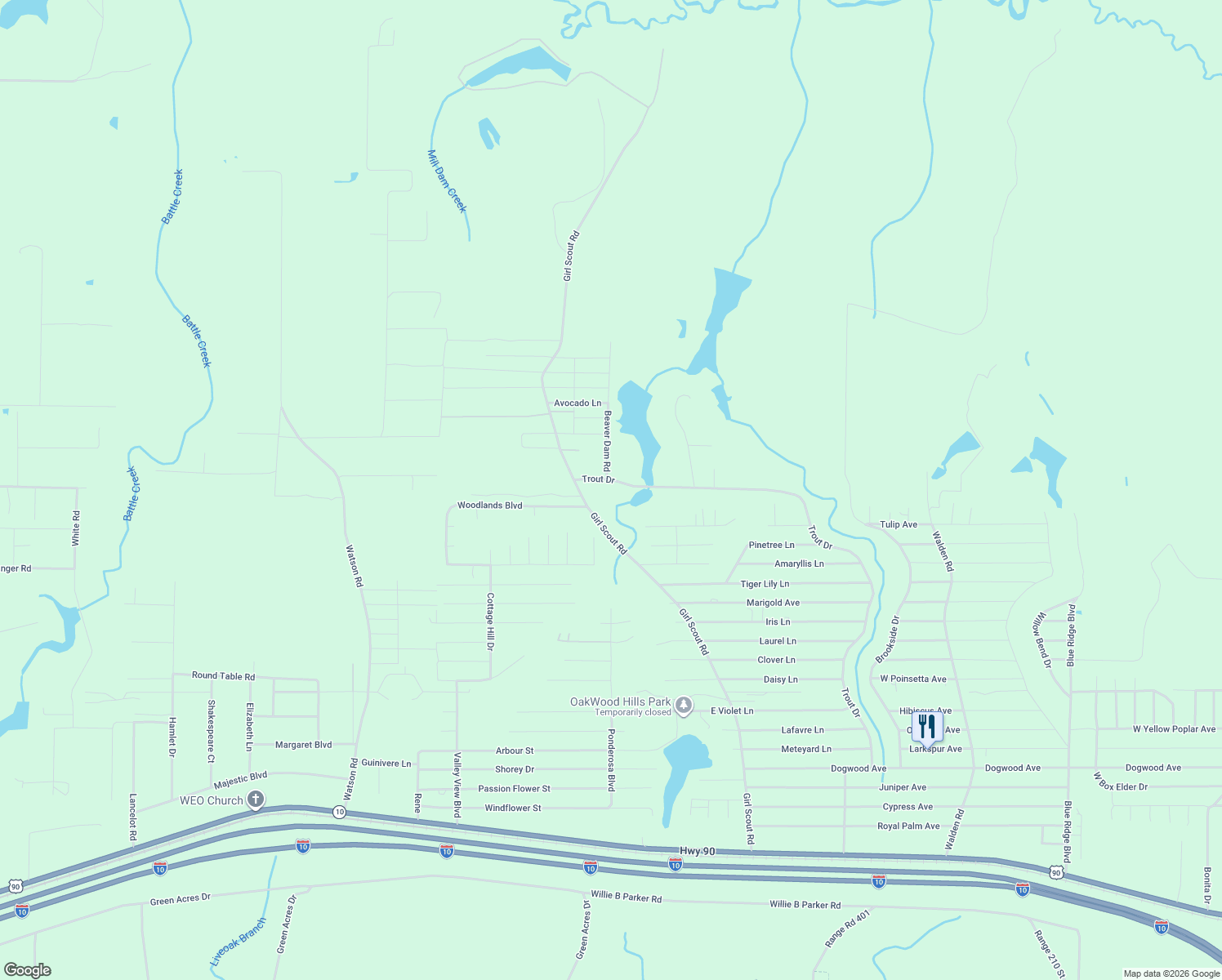 map of restaurants, bars, coffee shops, grocery stores, and more near 1587 Trout Drive in DeFuniak Springs