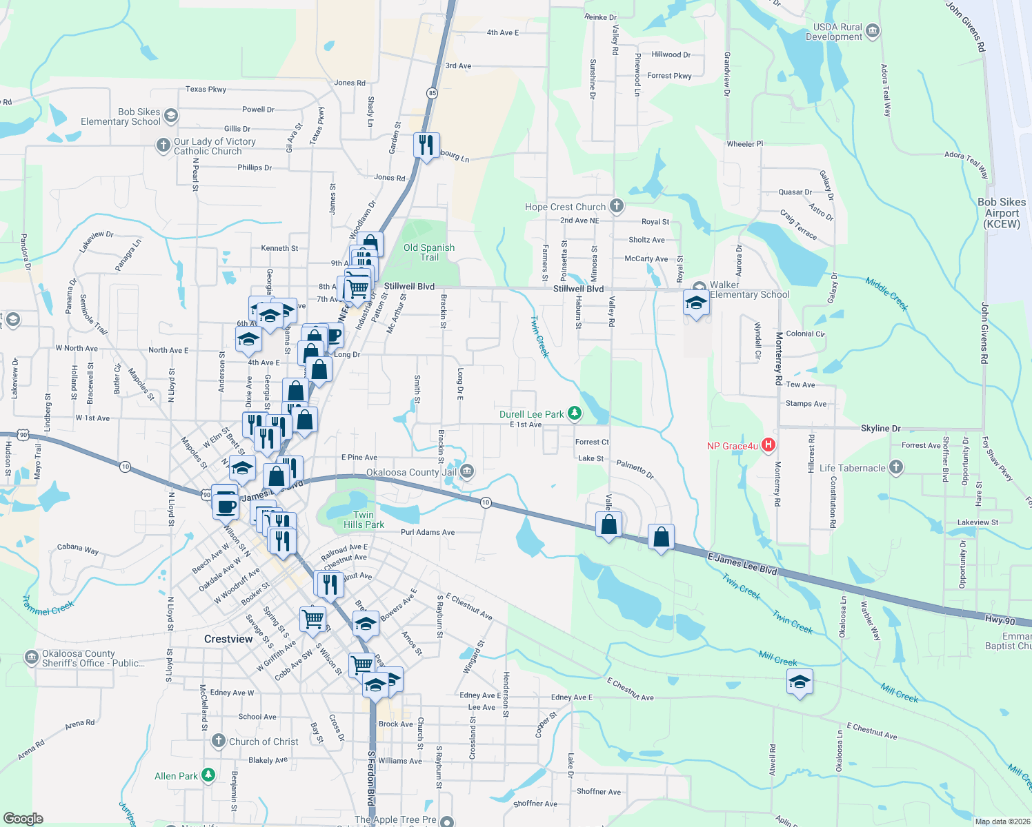 map of restaurants, bars, coffee shops, grocery stores, and more near 101 Blaylock Street in Crestview
