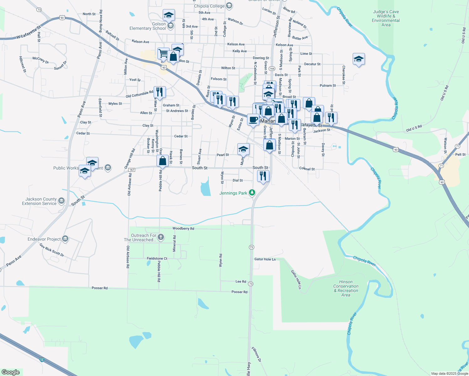 map of restaurants, bars, coffee shops, grocery stores, and more near 2768 Brenda St in Marianna