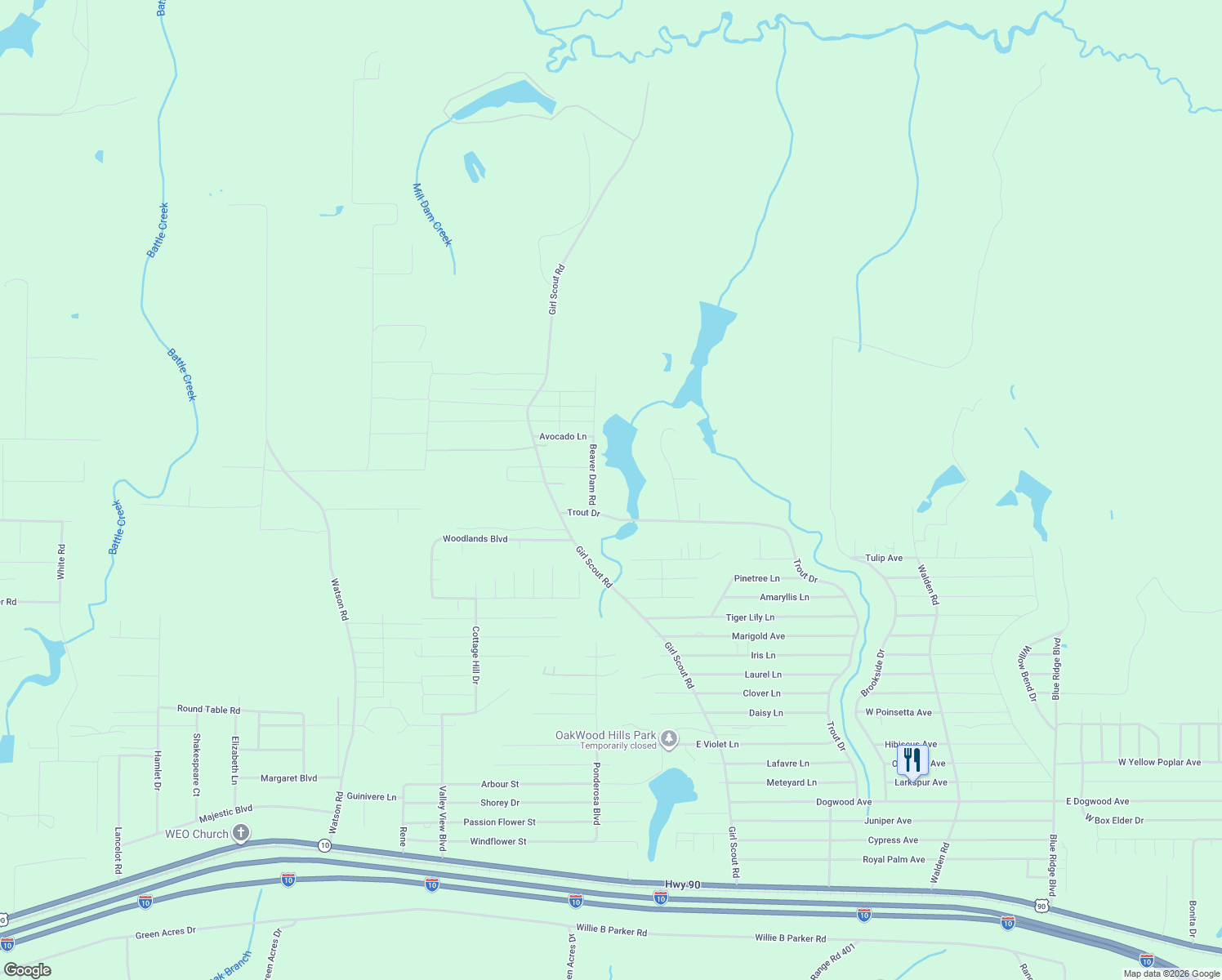 map of restaurants, bars, coffee shops, grocery stores, and more near 68 Beaver Dam Road in DeFuniak Springs