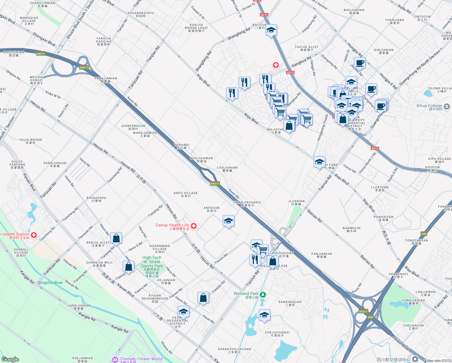 map of restaurants, bars, coffee shops, grocery stores, and more near Ke Xin Lu in Cheng Du Shi