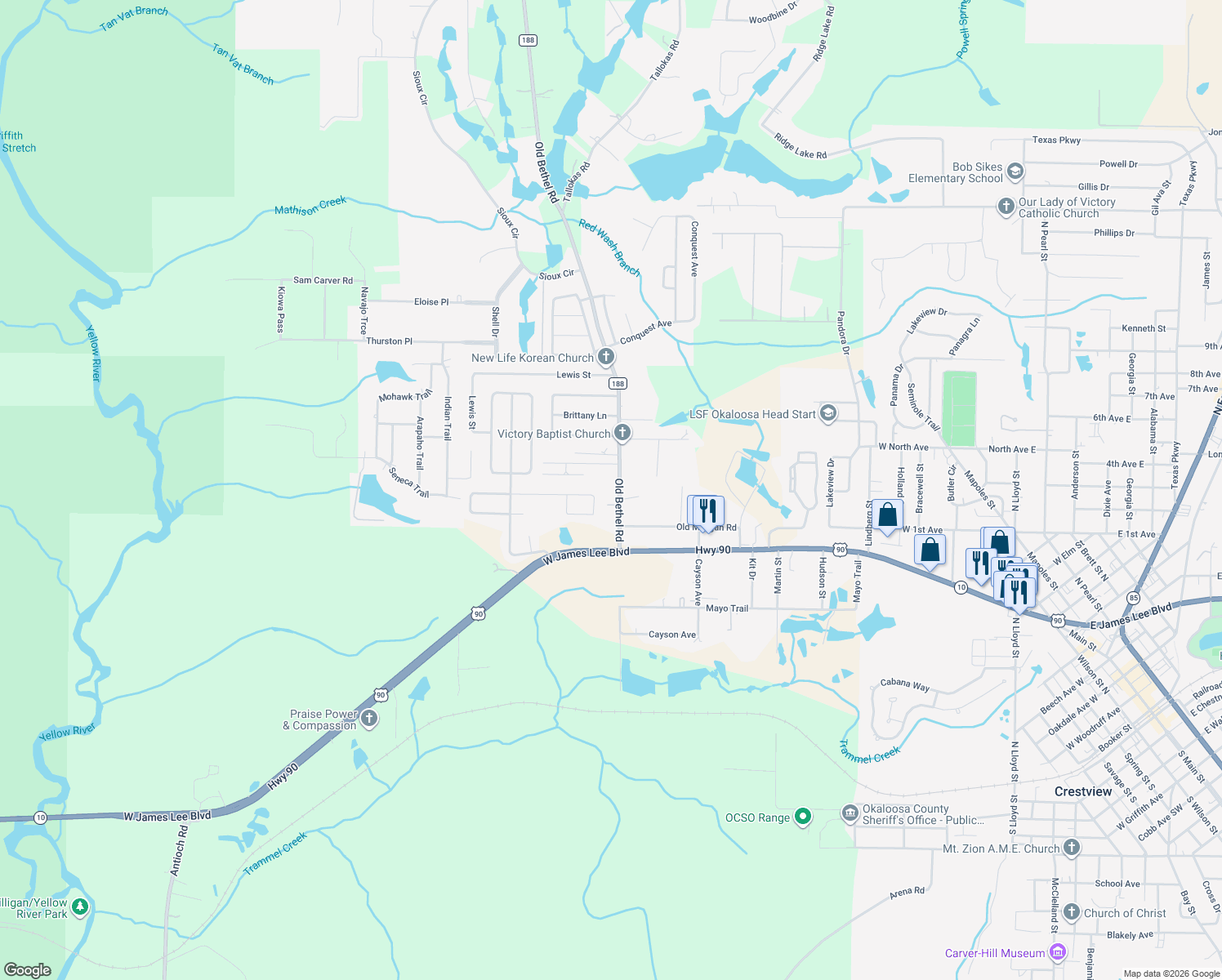 map of restaurants, bars, coffee shops, grocery stores, and more near 5424 Old Bethel Road in Crestview