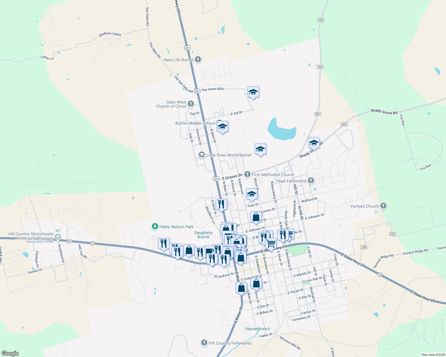 map of restaurants, bars, coffee shops, grocery stores, and more near 1000 North Main Street in Burnet