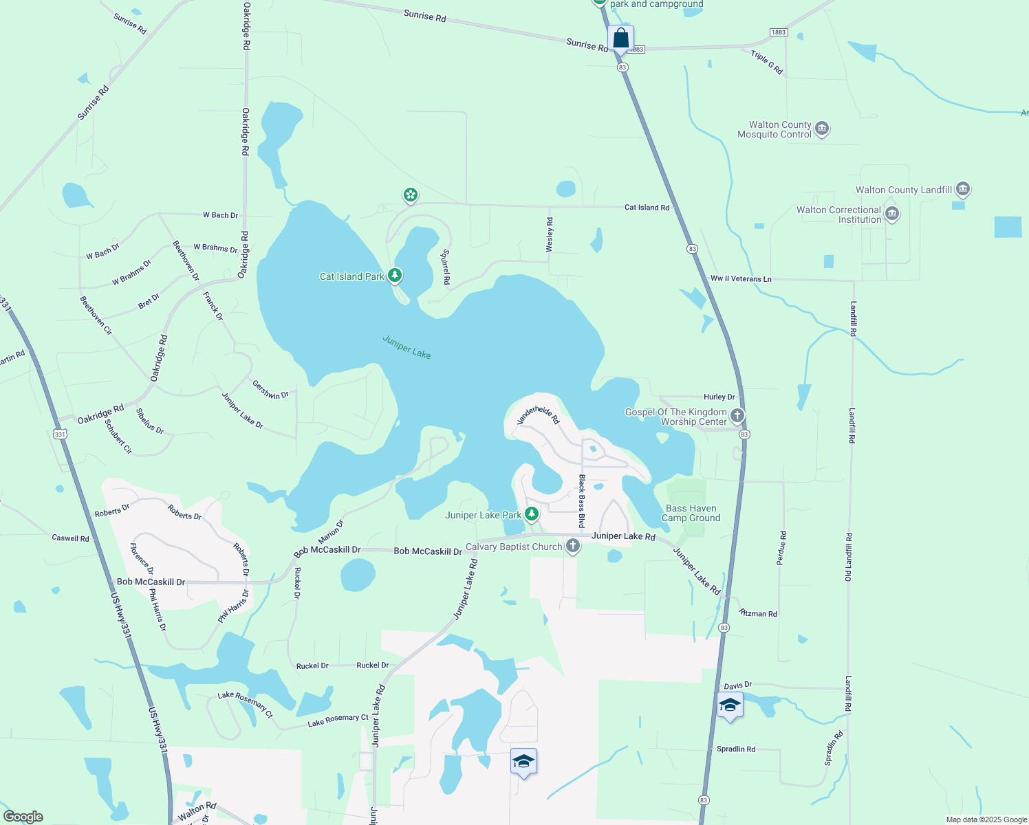 map of restaurants, bars, coffee shops, grocery stores, and more near 313 Vanderheide Road in DeFuniak Springs