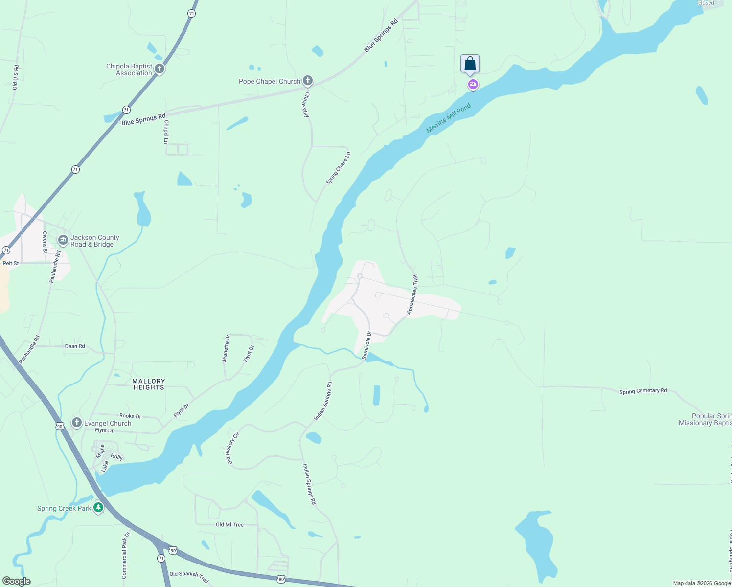 map of restaurants, bars, coffee shops, grocery stores, and more near 5121 Menawa Trail in Marianna