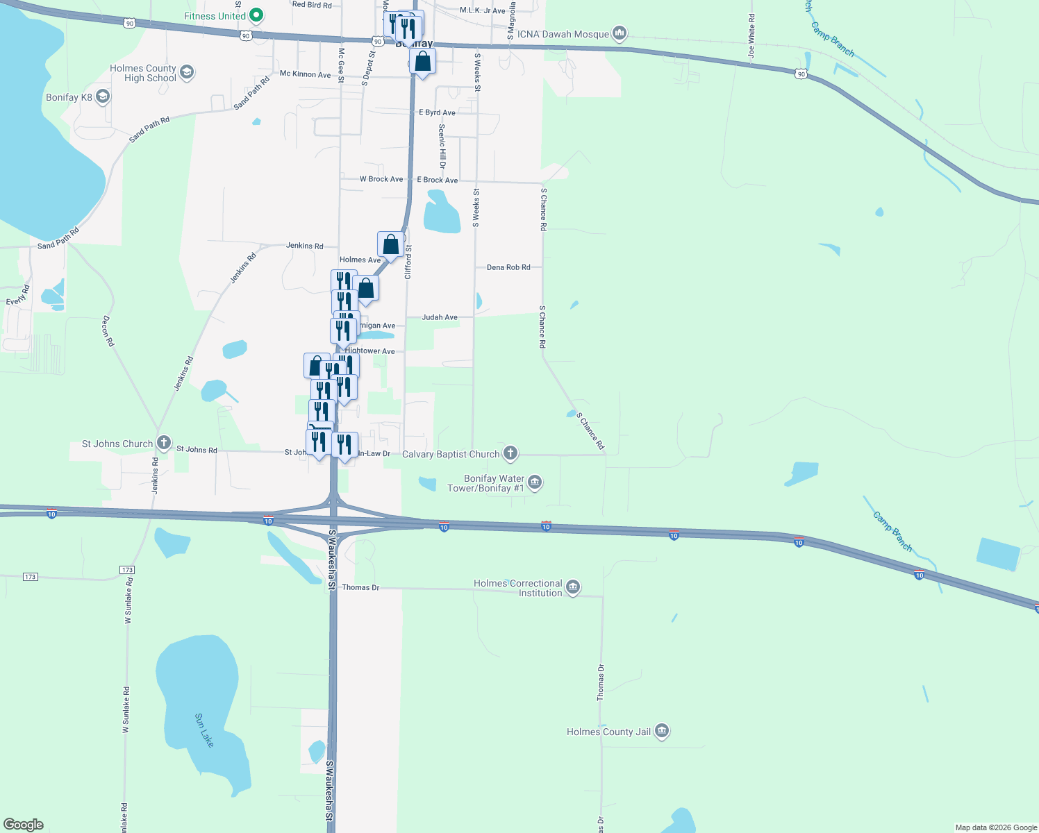 map of restaurants, bars, coffee shops, grocery stores, and more near 880 Son-In-Law Road in Bonifay