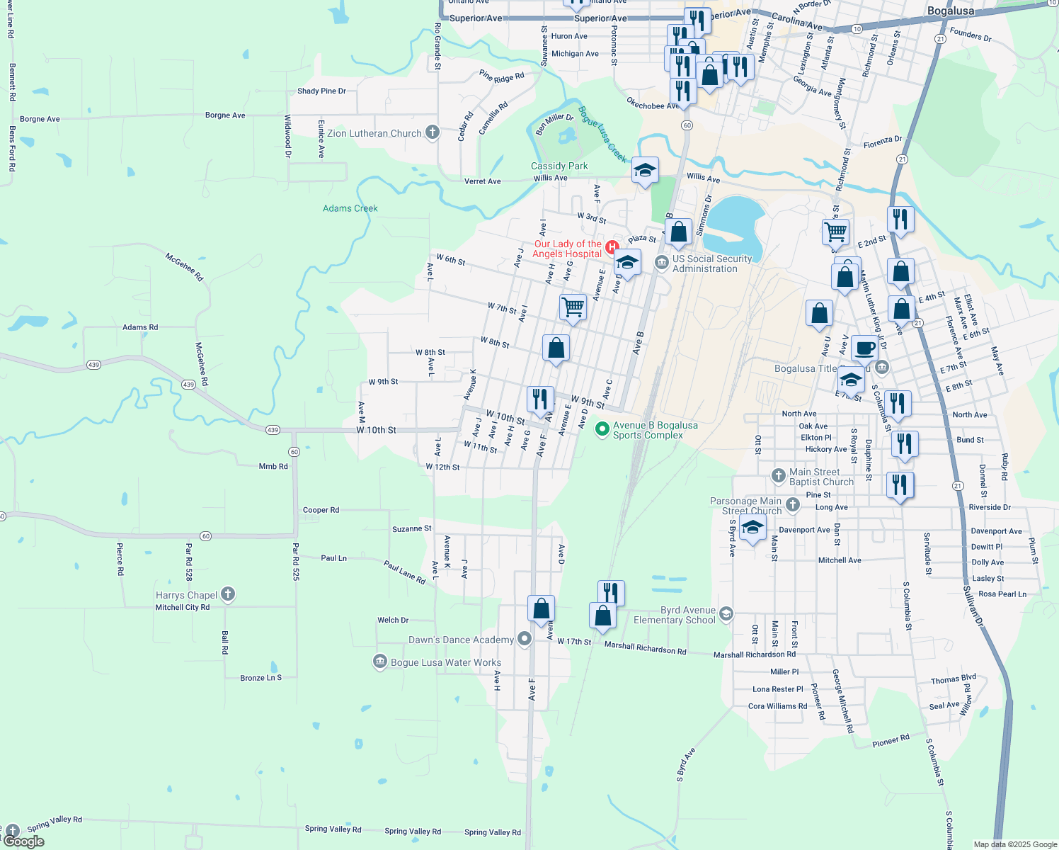 map of restaurants, bars, coffee shops, grocery stores, and more near 1002 Ave G in Bogalusa