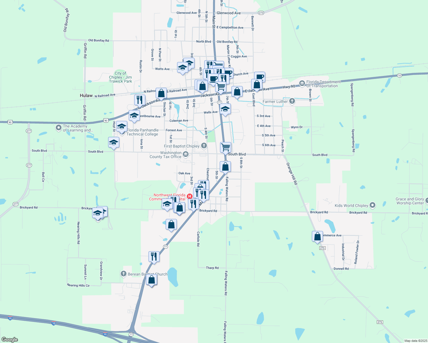 map of restaurants, bars, coffee shops, grocery stores, and more near 1267 Harrell Ave in Chipley