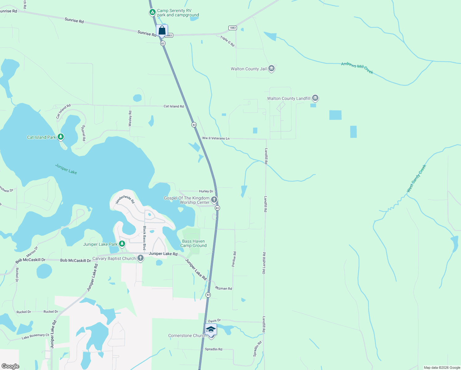 map of restaurants, bars, coffee shops, grocery stores, and more near 125 Simpson Court in DeFuniak Springs