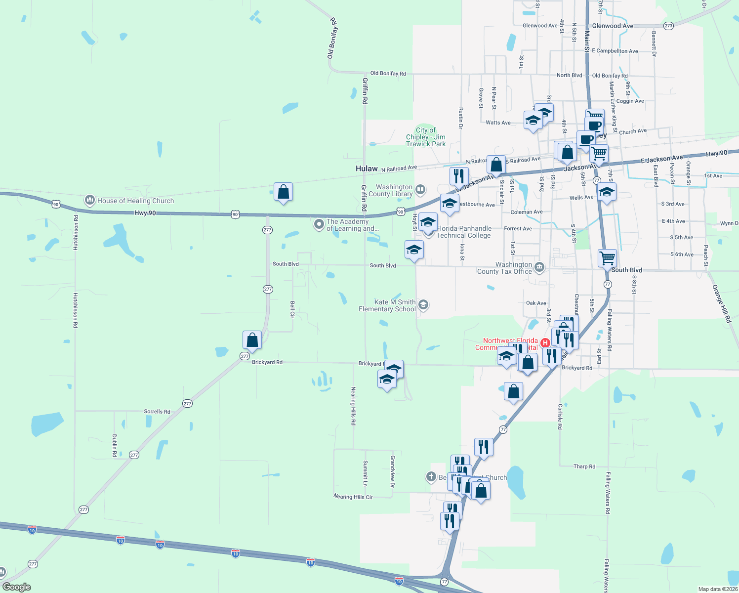 map of restaurants, bars, coffee shops, grocery stores, and more near 831 Kirkland Road in Chipley