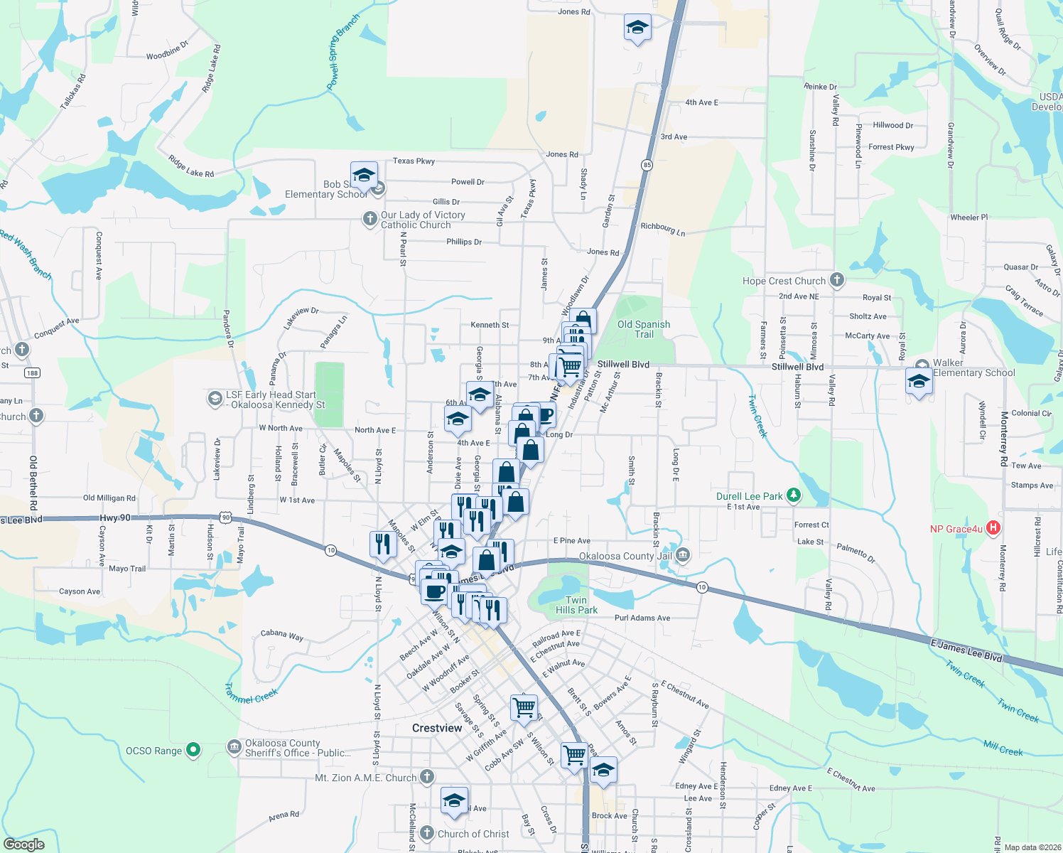 map of restaurants, bars, coffee shops, grocery stores, and more near 101 Long Drive in Crestview