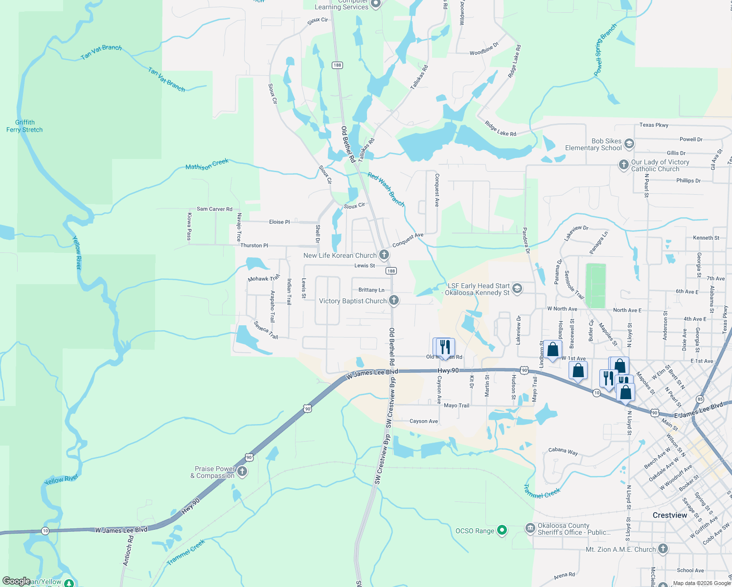 map of restaurants, bars, coffee shops, grocery stores, and more near 213 Brittany Lane in Crestview