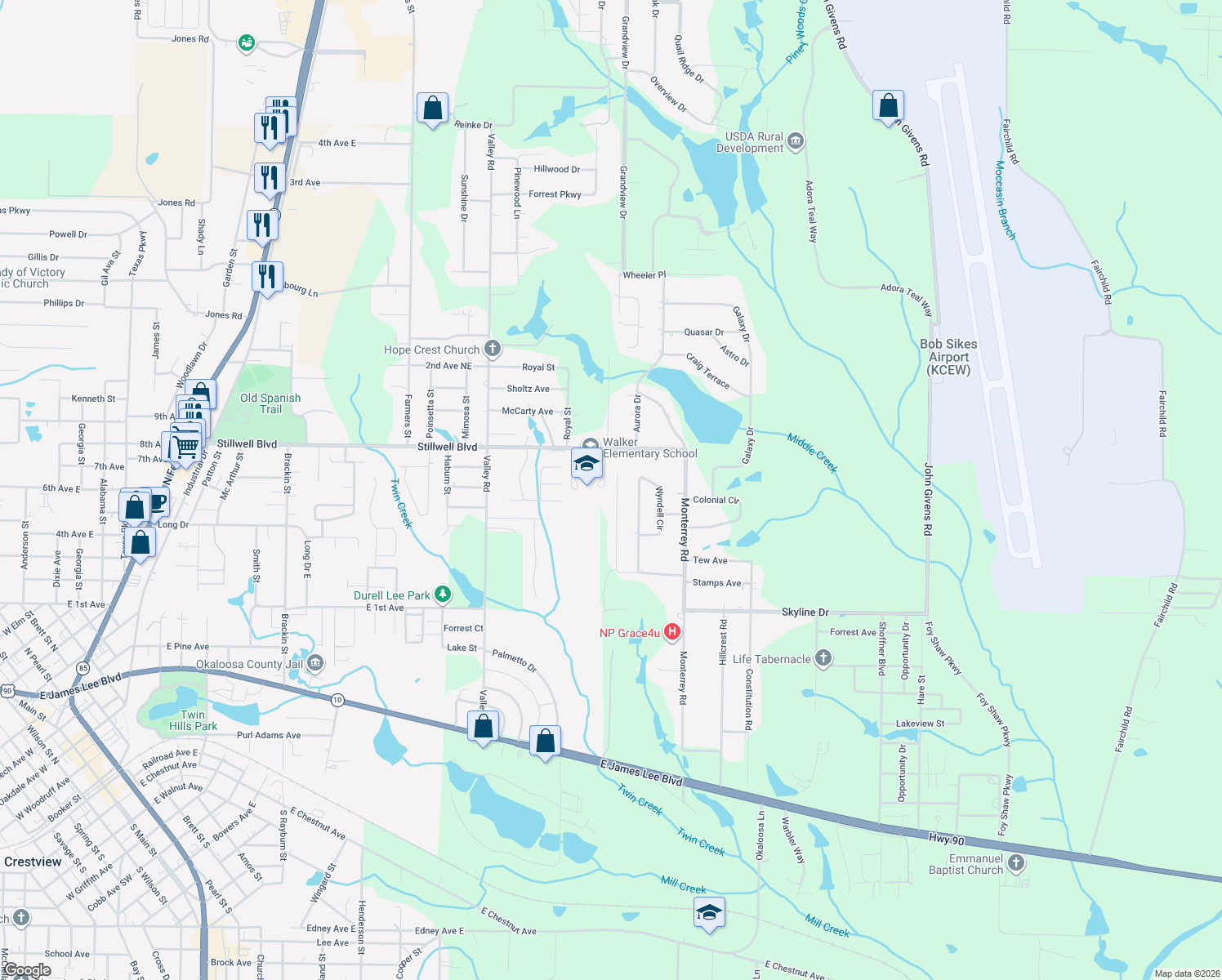 map of restaurants, bars, coffee shops, grocery stores, and more near 5456 Jenee Court in Crestview