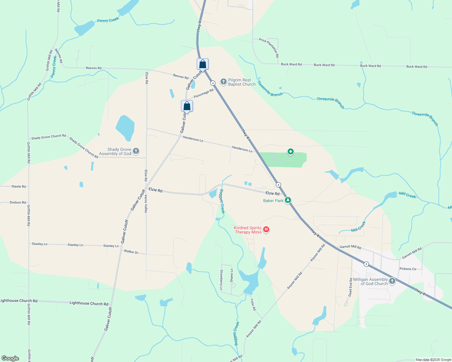 map of restaurants, bars, coffee shops, grocery stores, and more near 1347 Charlie Day Road in Baker