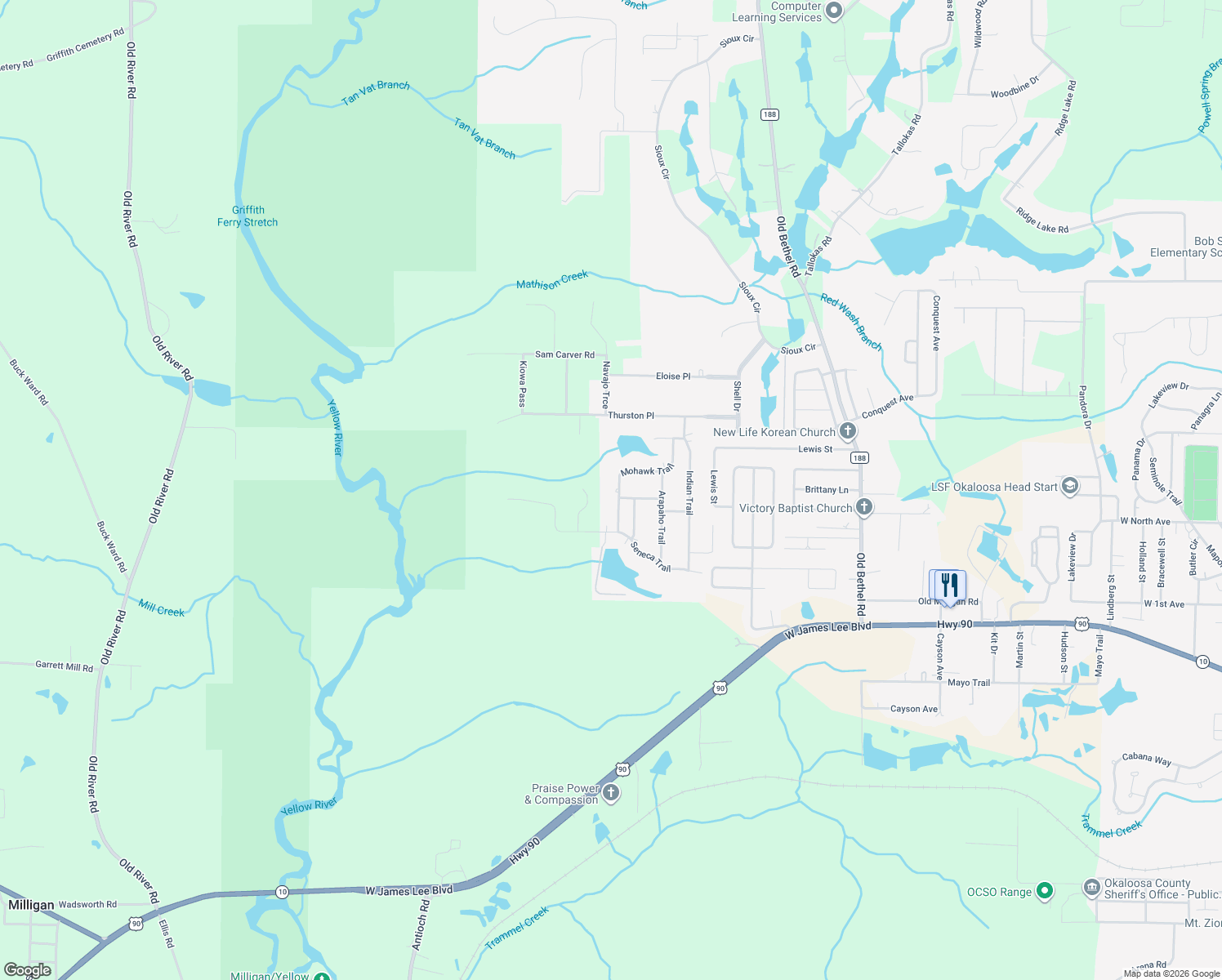map of restaurants, bars, coffee shops, grocery stores, and more near 121 Mohawk Trail in Crestview
