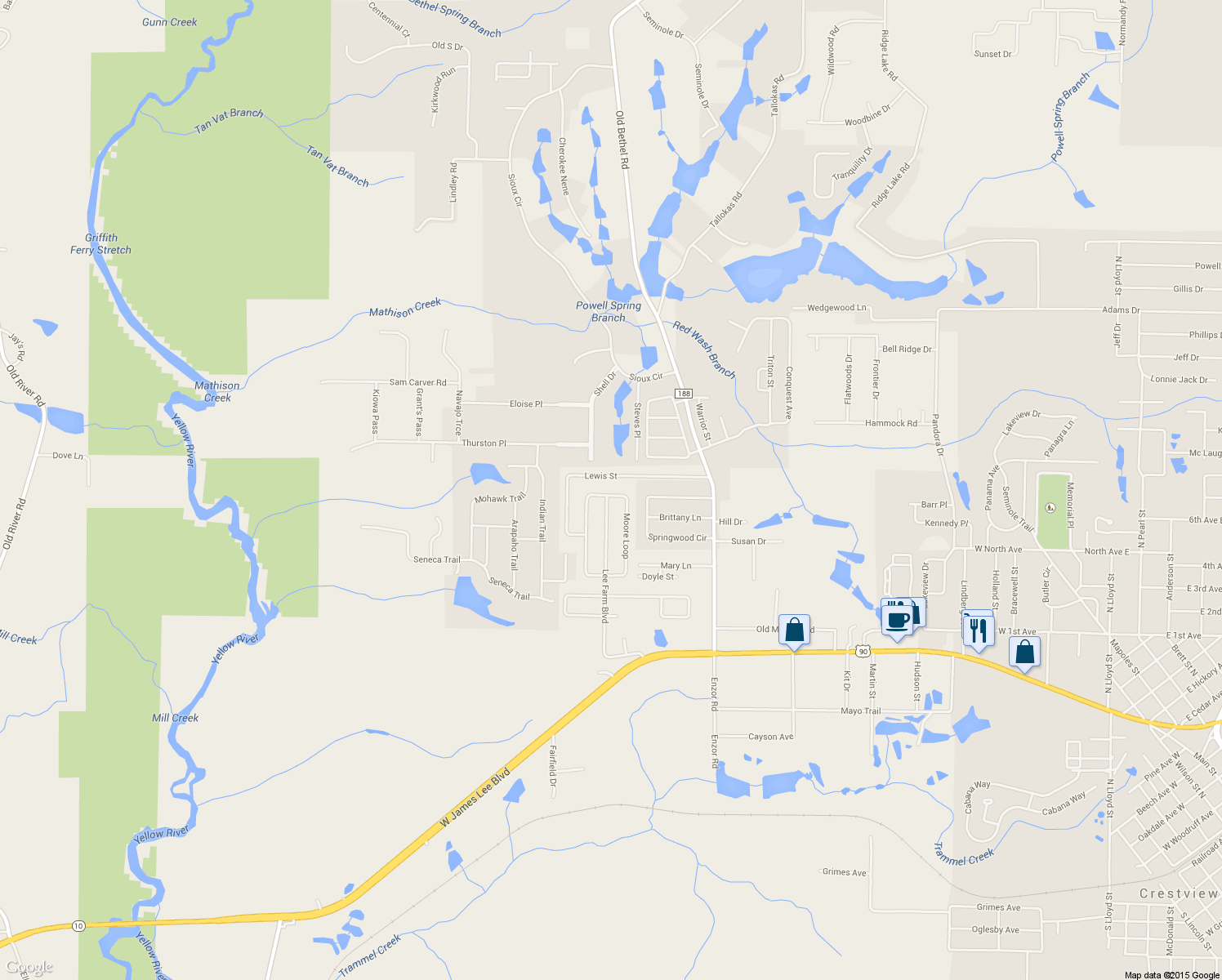 map of restaurants, bars, coffee shops, grocery stores, and more near 5252 Moore Loop in Crestview