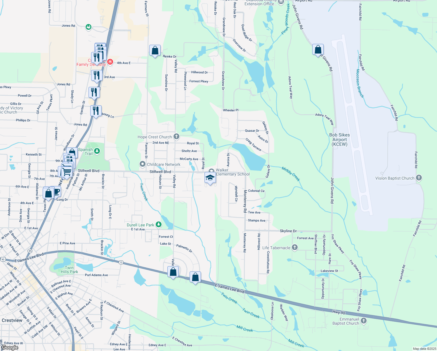 map of restaurants, bars, coffee shops, grocery stores, and more near 3002 Stillwell Boulevard in Crestview