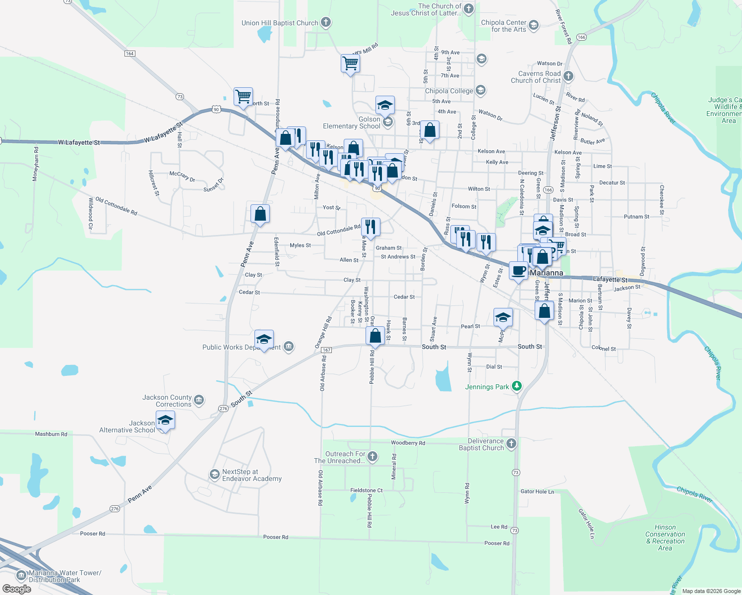 map of restaurants, bars, coffee shops, grocery stores, and more near 2849 Orange Street in Marianna