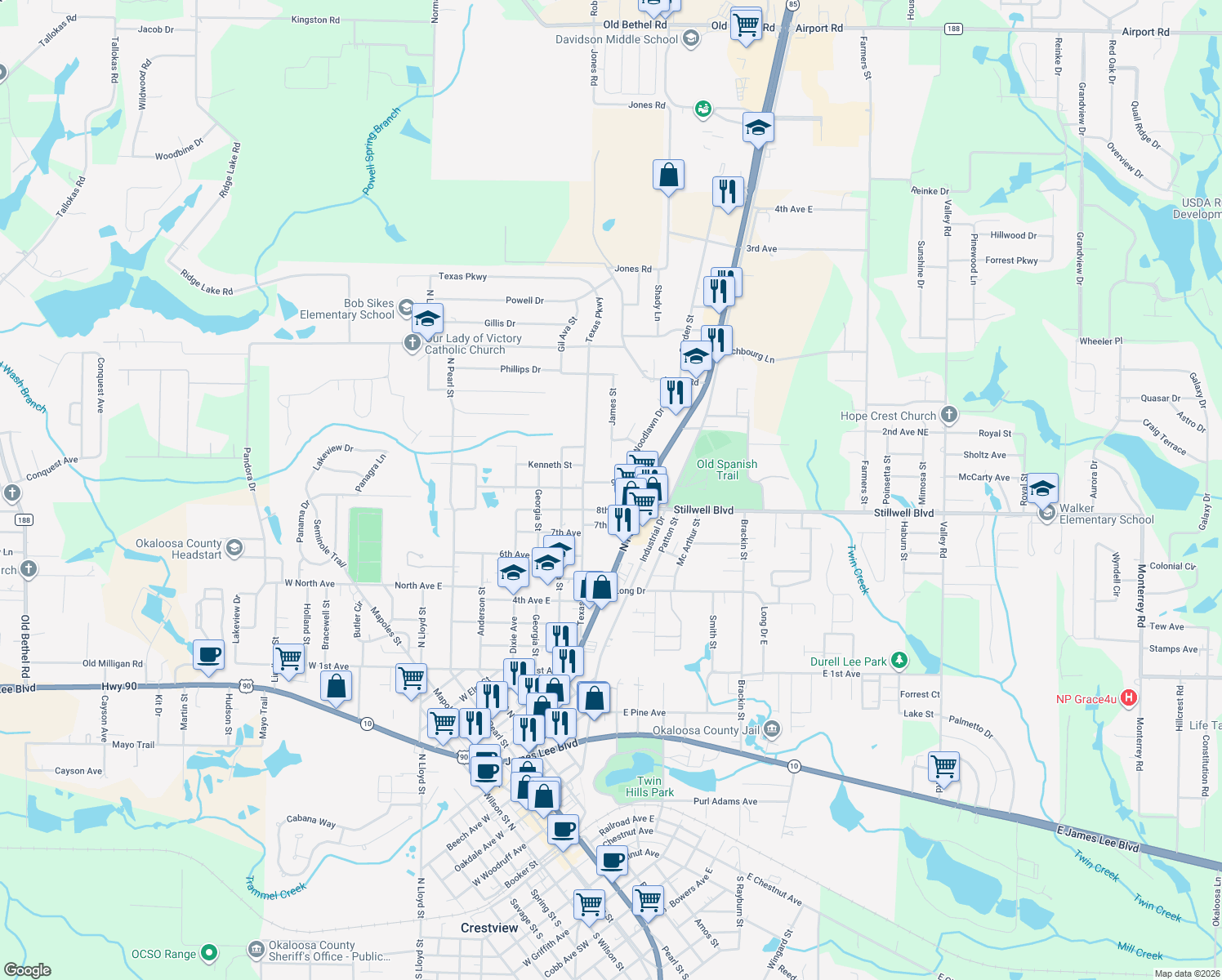 map of restaurants, bars, coffee shops, grocery stores, and more near 759 9th Ave in Crestview