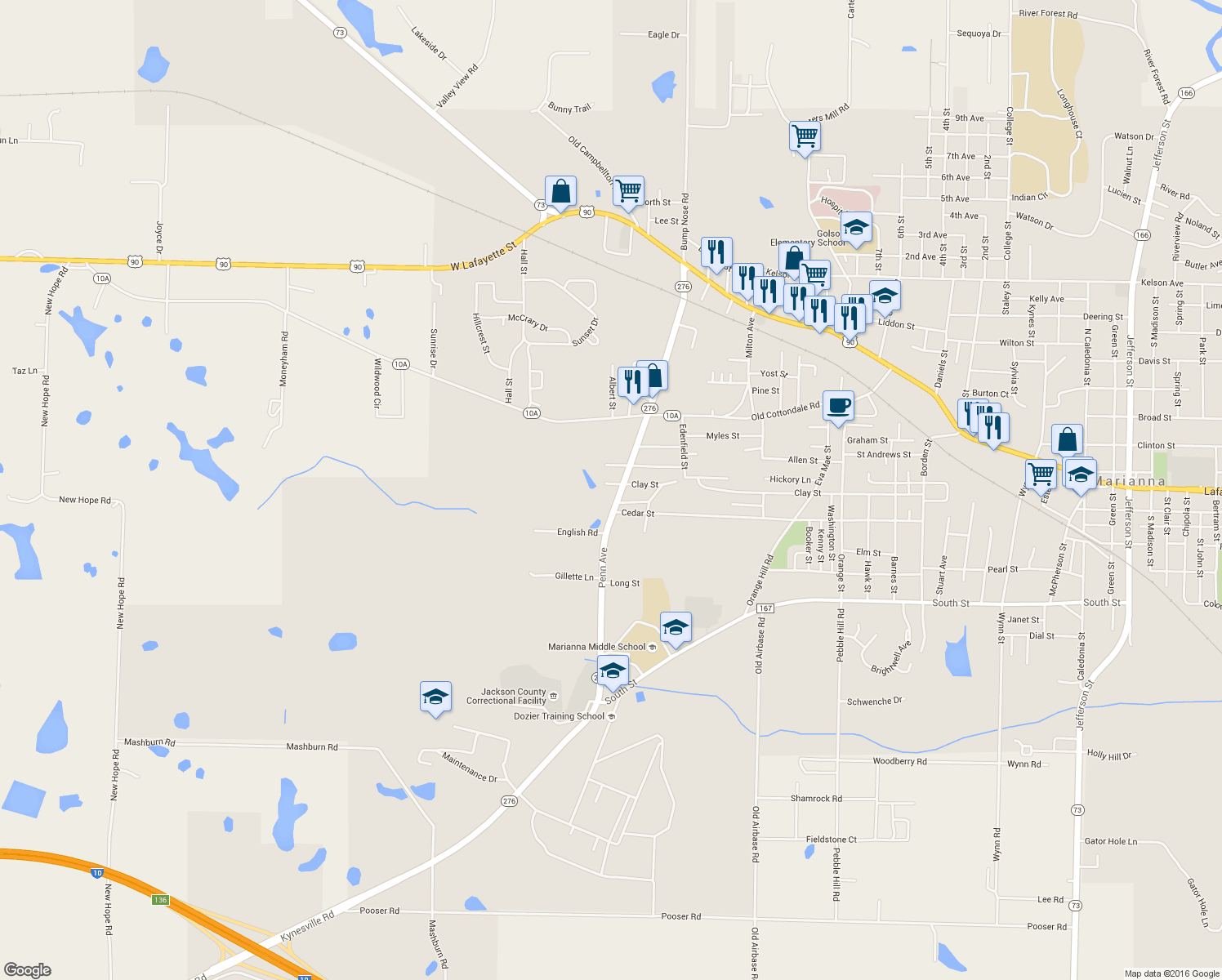 map of restaurants, bars, coffee shops, grocery stores, and more near 4105 Clay Street in Marianna