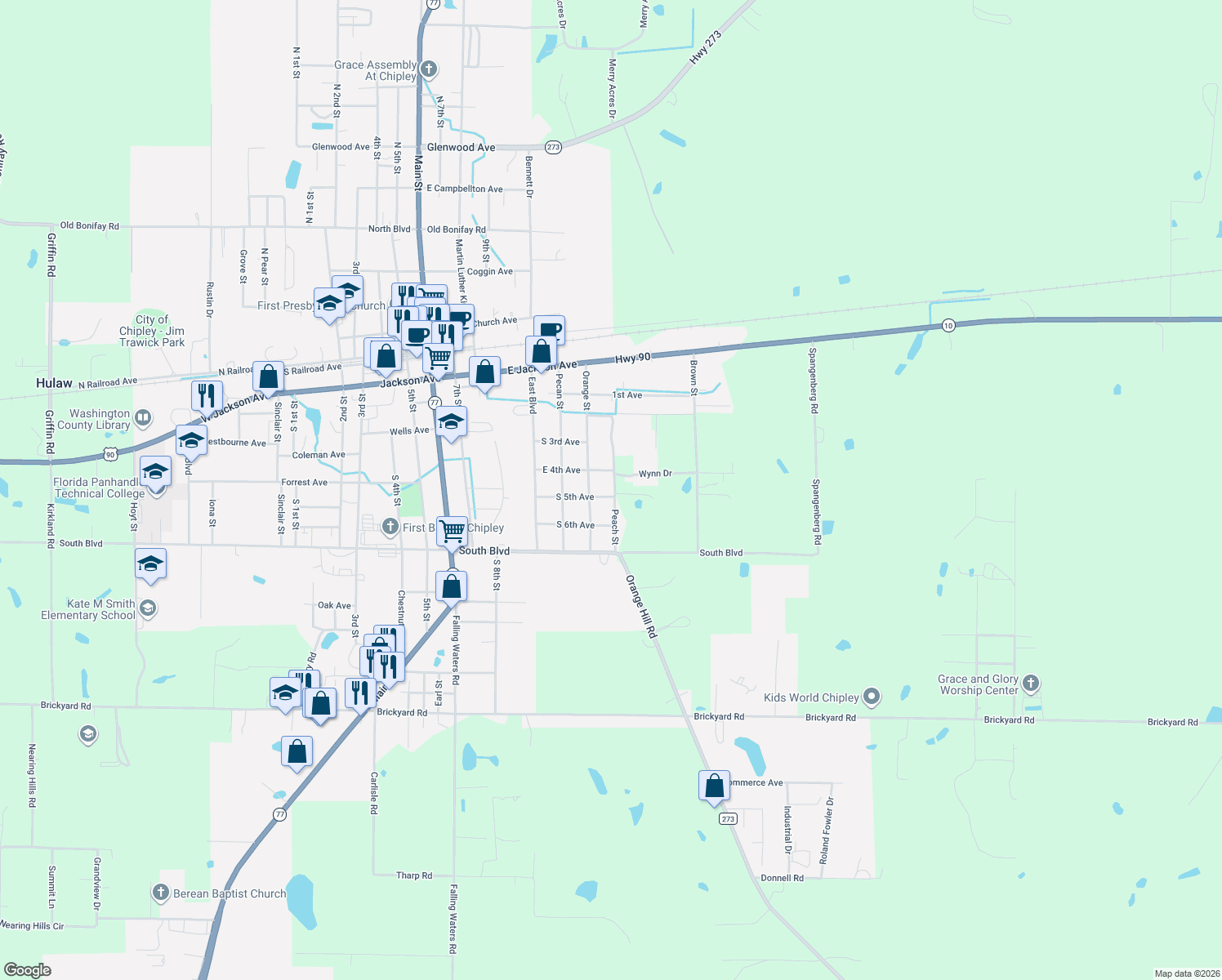 map of restaurants, bars, coffee shops, grocery stores, and more near 758 Peach Street in Chipley