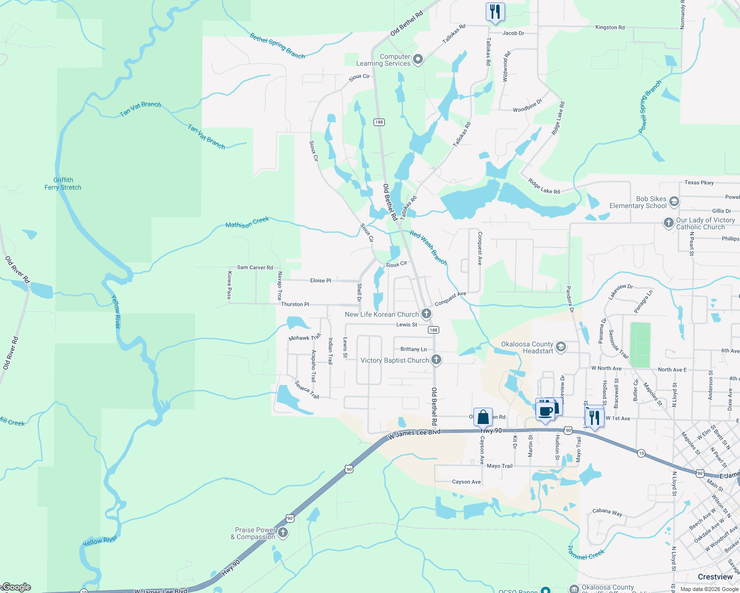 map of restaurants, bars, coffee shops, grocery stores, and more near 206 Shell Drive in Crestview