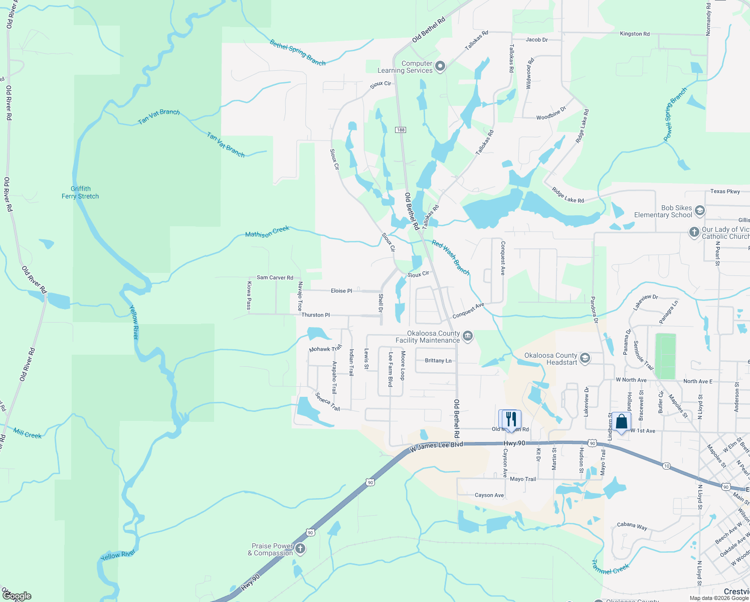 map of restaurants, bars, coffee shops, grocery stores, and more near 203 Shell Dr in Crestview
