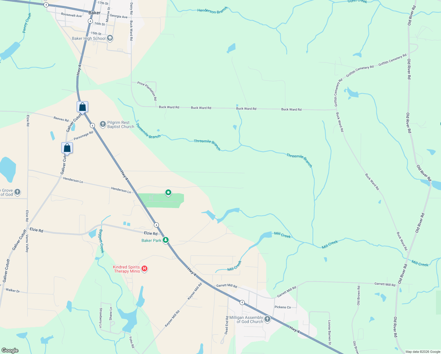 map of restaurants, bars, coffee shops, grocery stores, and more near 1576 Greenwood Road in Baker