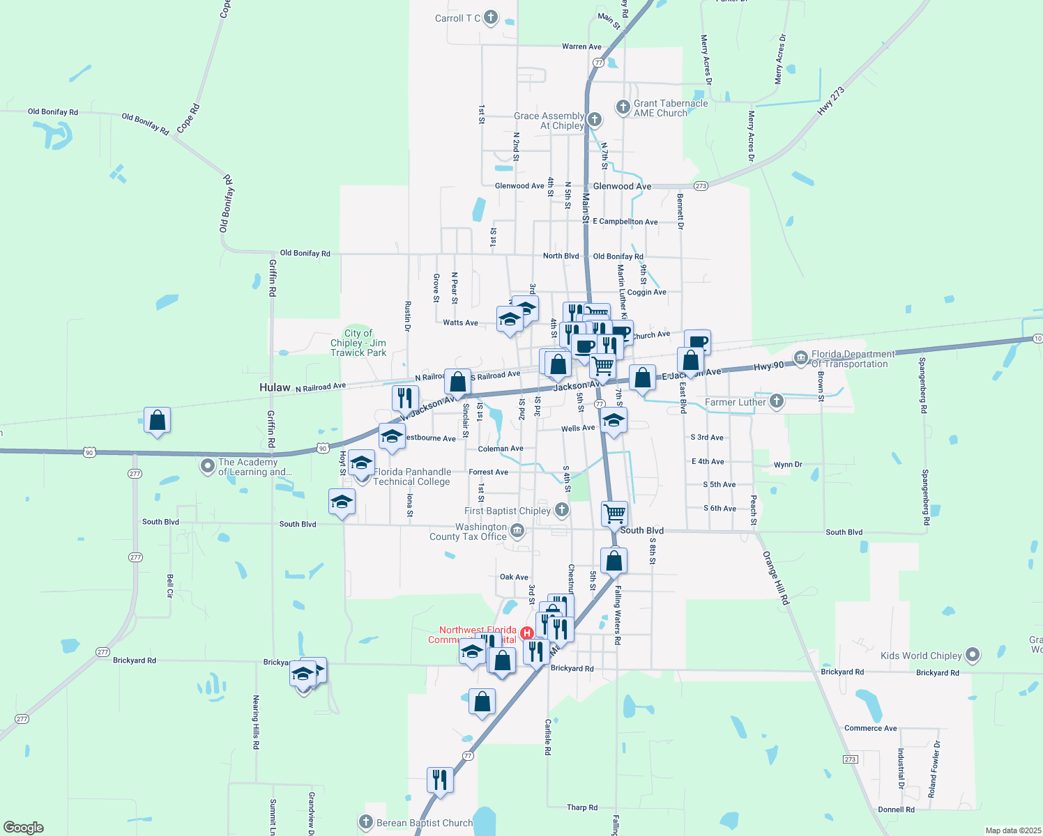 map of restaurants, bars, coffee shops, grocery stores, and more near 475 2nd St in Chipley
