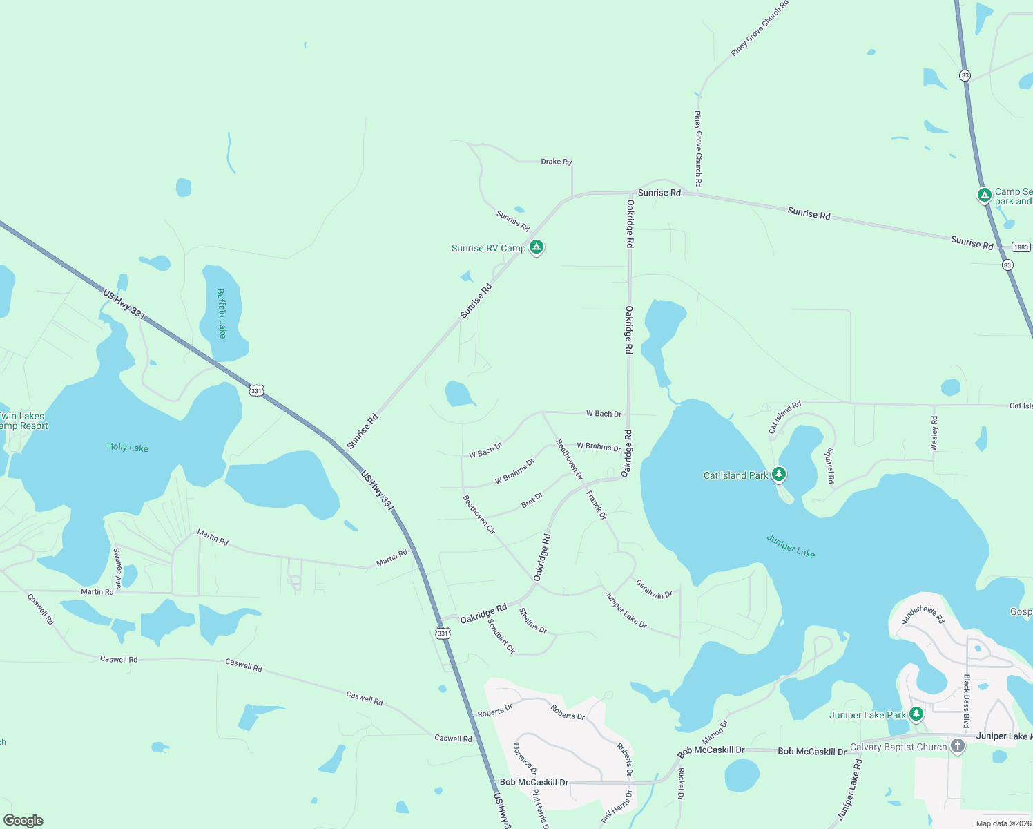 map of restaurants, bars, coffee shops, grocery stores, and more near 390 West Bach Drive in DeFuniak Springs