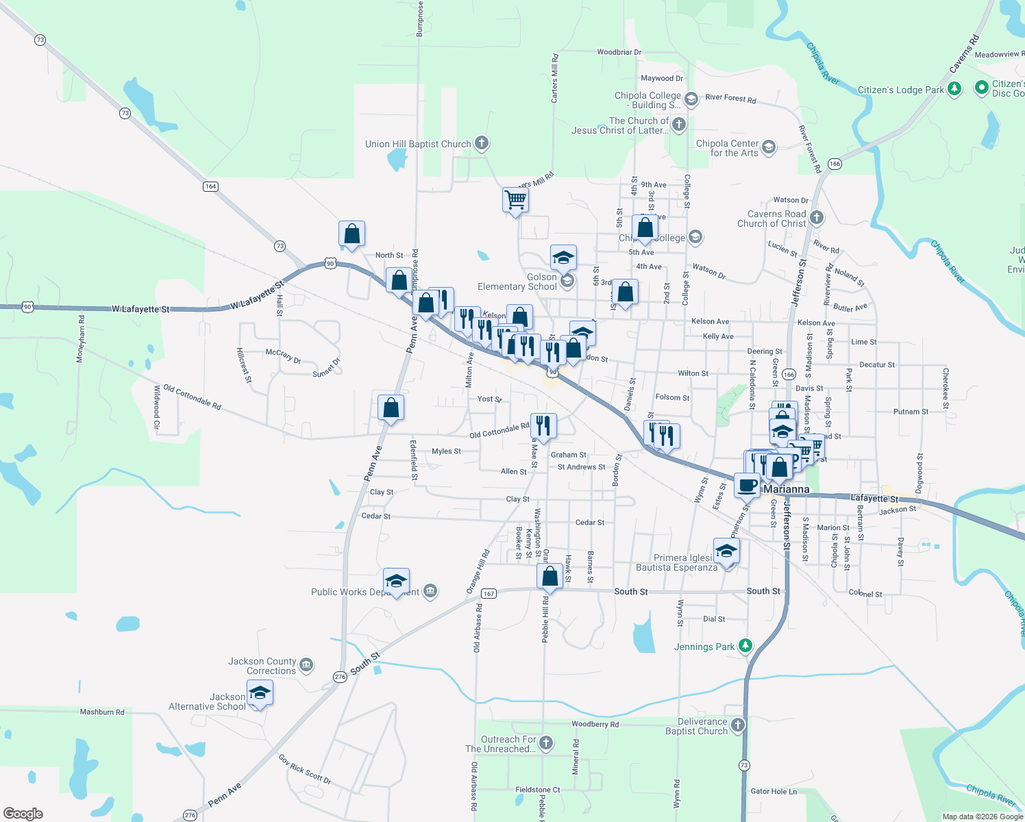map of restaurants, bars, coffee shops, grocery stores, and more near 2926 Harley Drive in Marianna