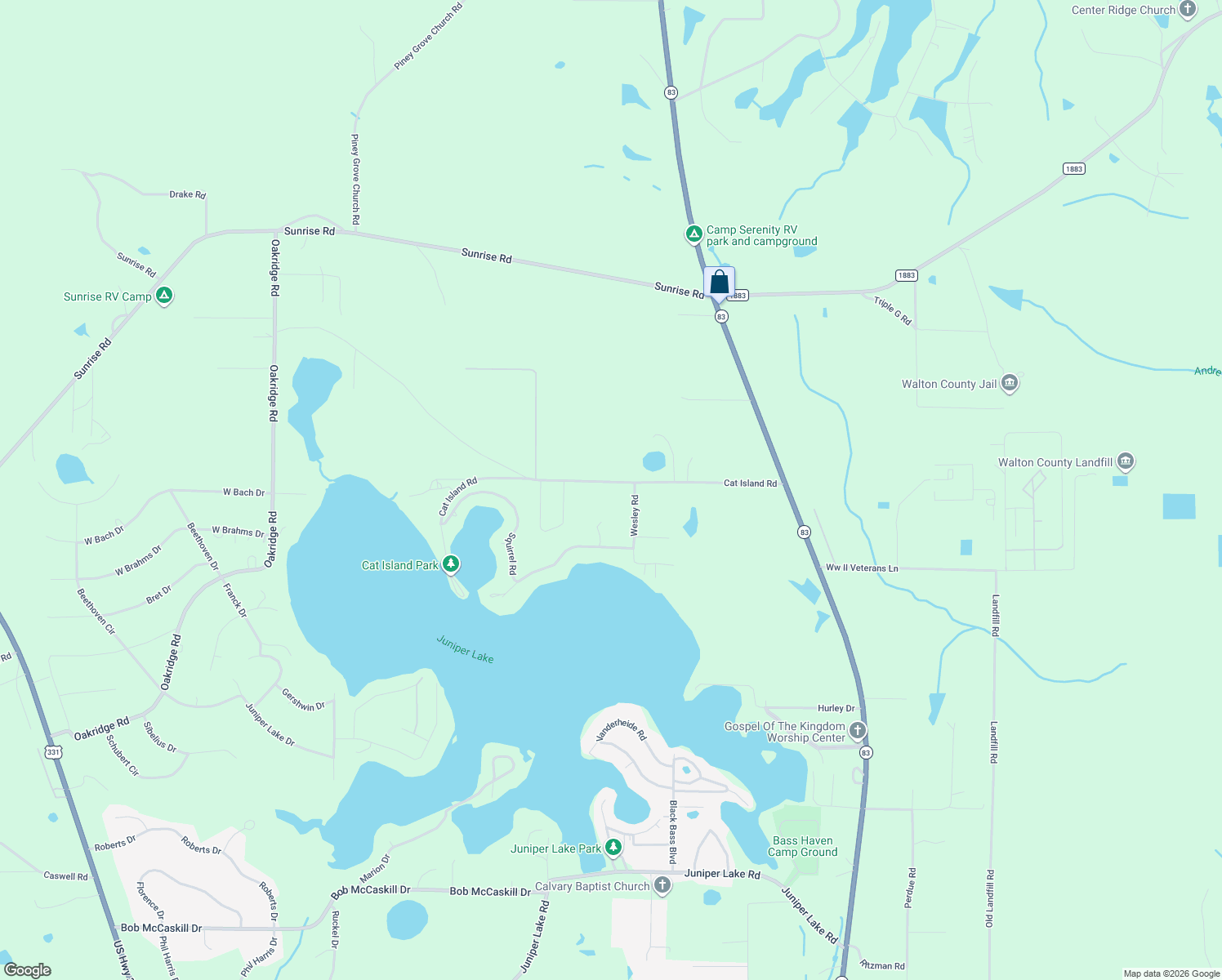 map of restaurants, bars, coffee shops, grocery stores, and more near 543 Cat Island Road in DeFuniak Springs