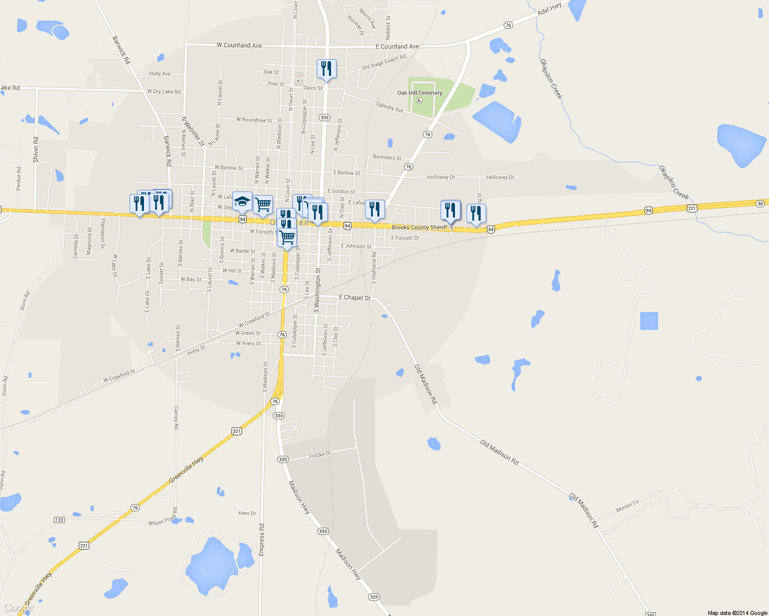 map of restaurants, bars, coffee shops, grocery stores, and more near 803 Old Madison Road in Quitman