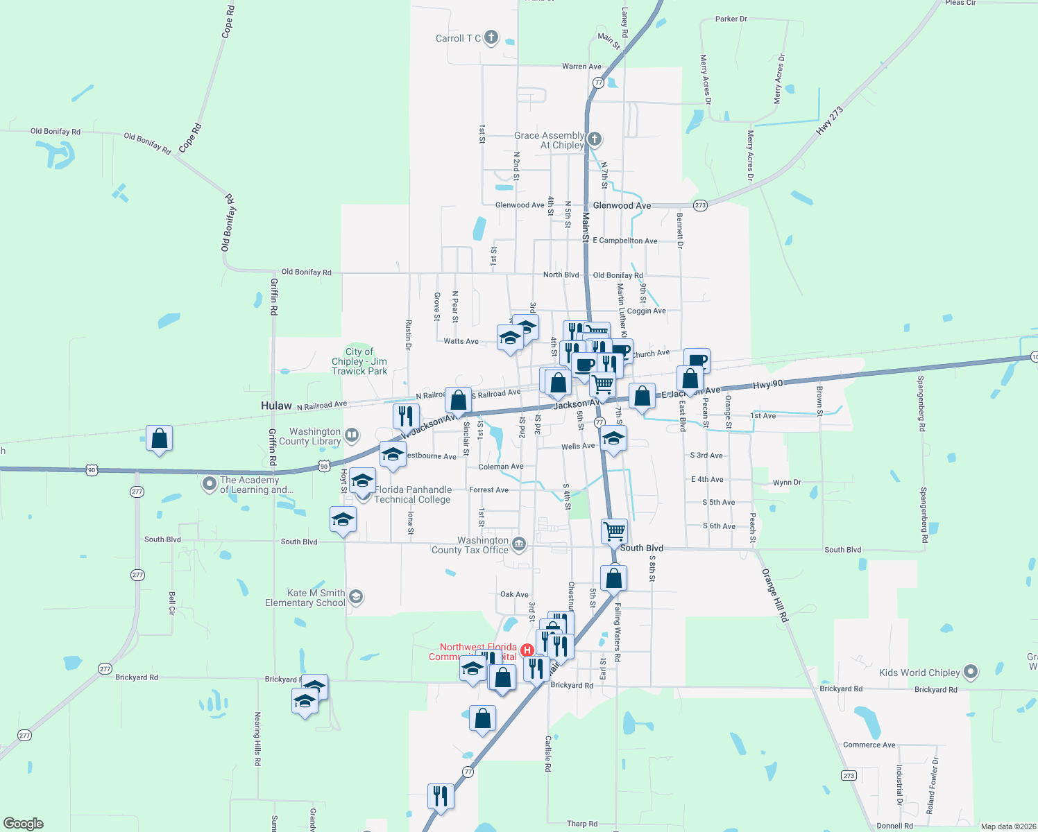 map of restaurants, bars, coffee shops, grocery stores, and more near 726 2nd Street in Chipley