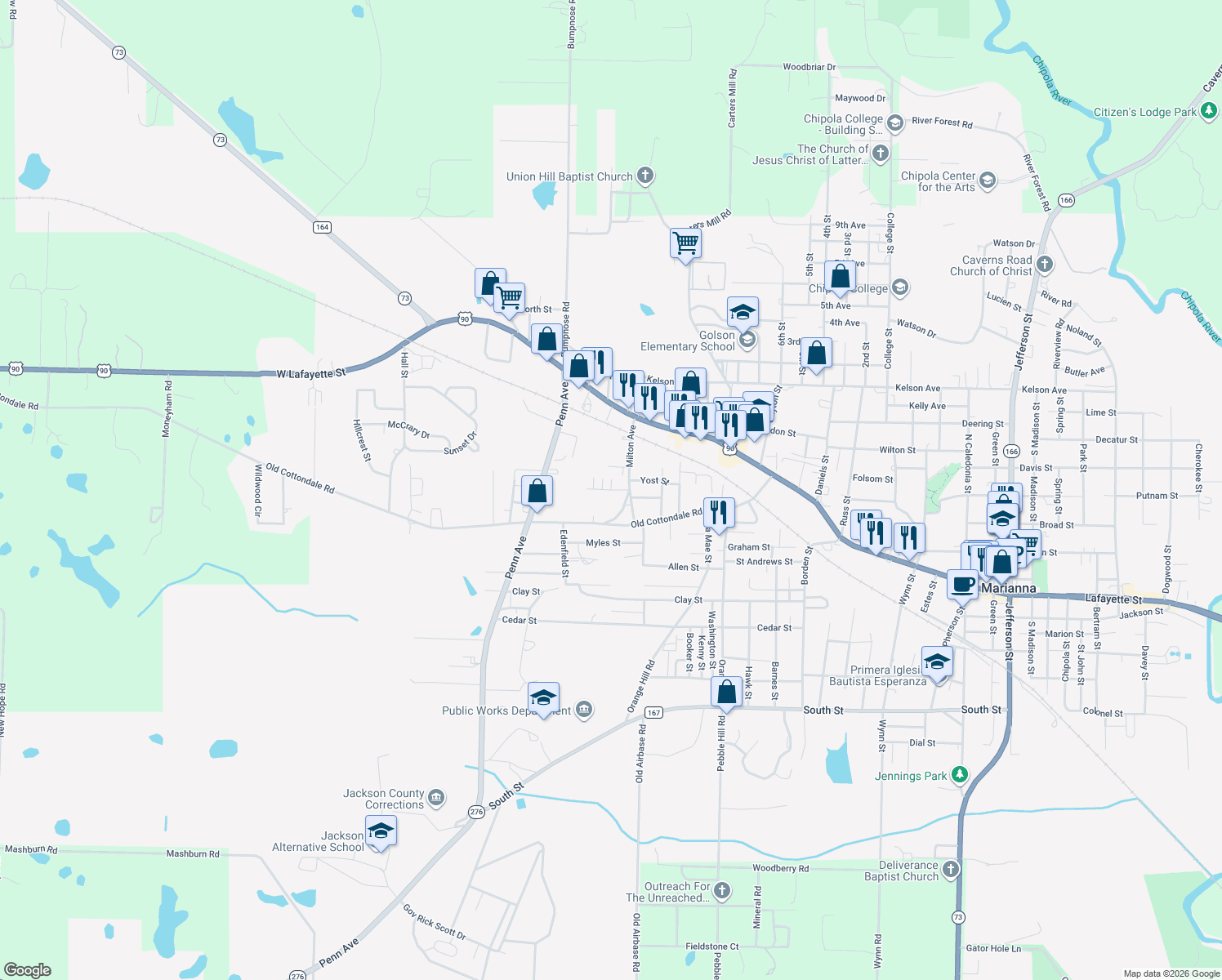 map of restaurants, bars, coffee shops, grocery stores, and more near Imperial Lane in Marianna