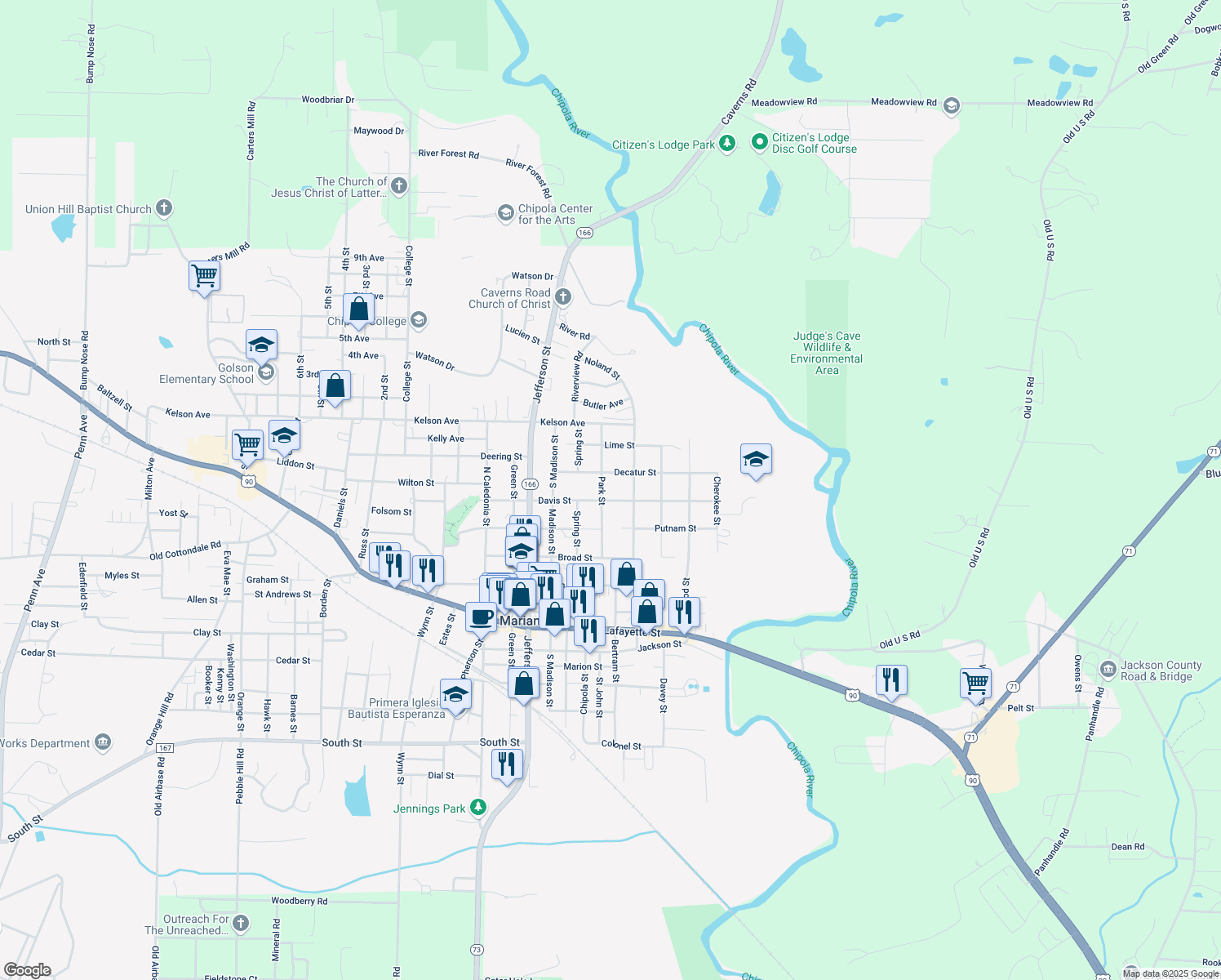map of restaurants, bars, coffee shops, grocery stores, and more near 4478 Davis Street in Marianna