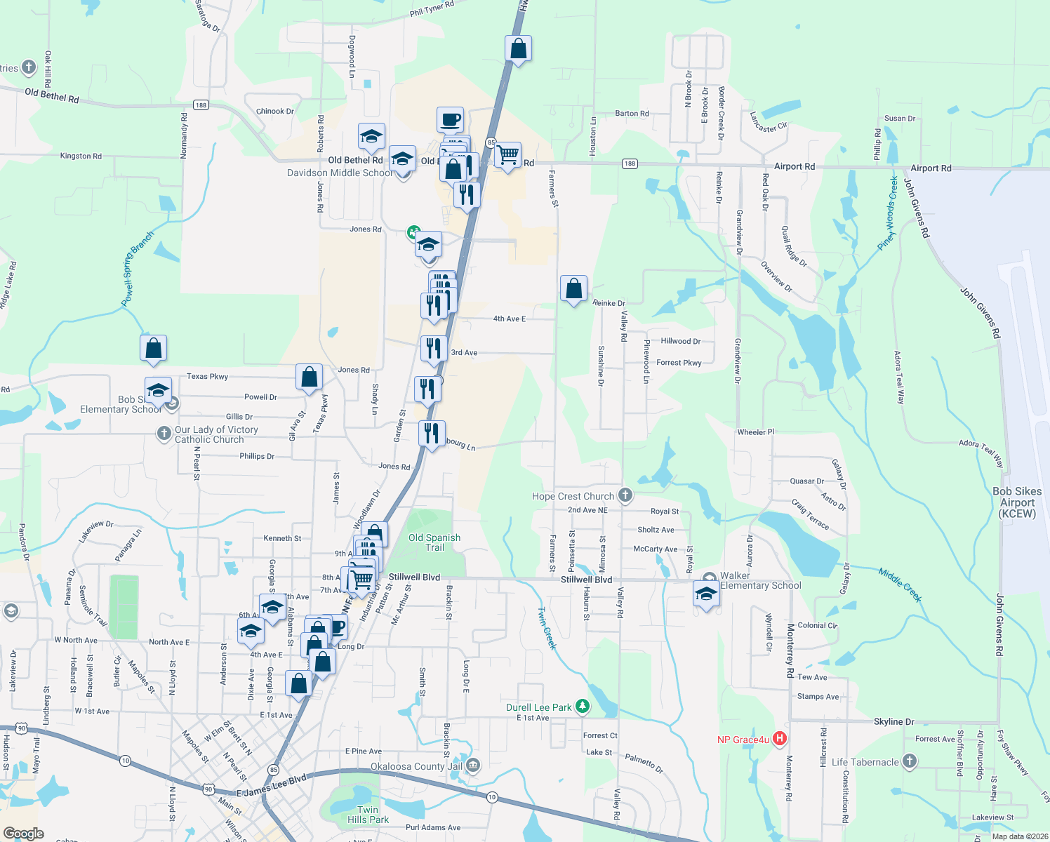 map of restaurants, bars, coffee shops, grocery stores, and more near 5618 Tucker Lane in Crestview