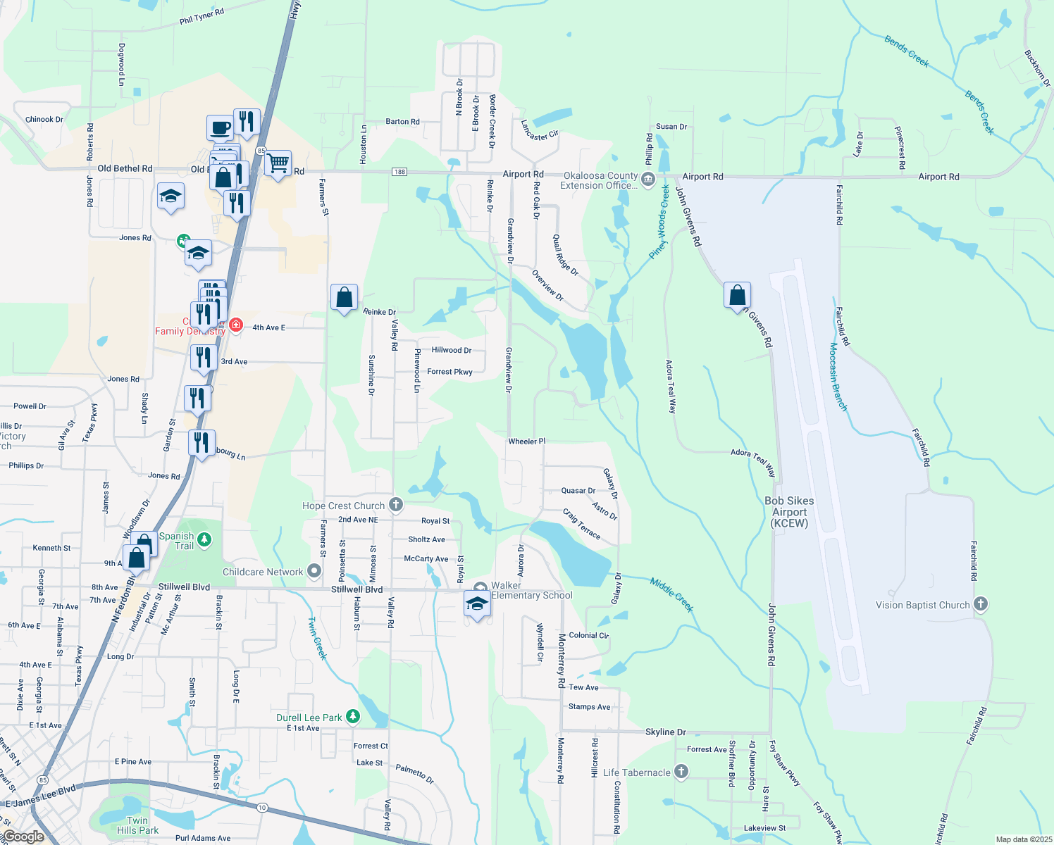 map of restaurants, bars, coffee shops, grocery stores, and more near 1203 Yellowhammer Drive in Crestview