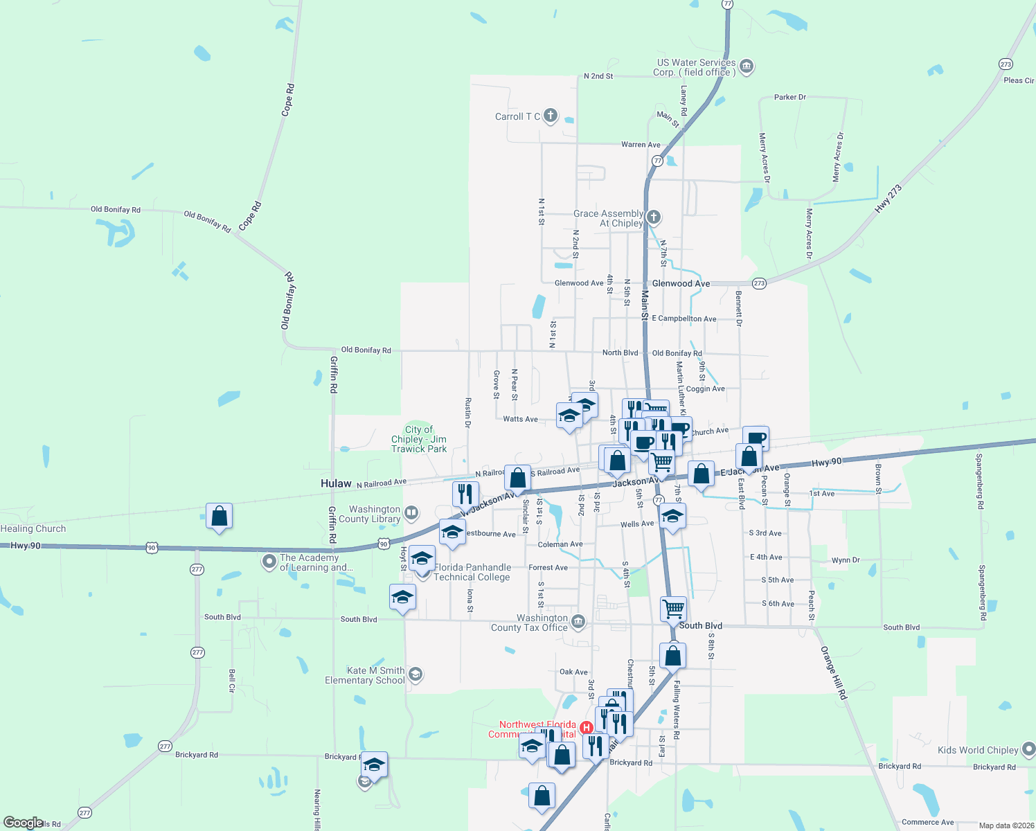 map of restaurants, bars, coffee shops, grocery stores, and more near 1380 Watts Avenue in Chipley