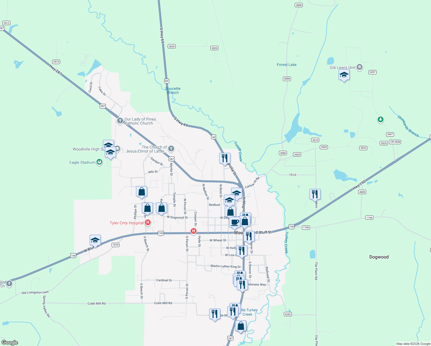 map of restaurants, bars, coffee shops, grocery stores, and more near 106 Mcallister Street in Woodville