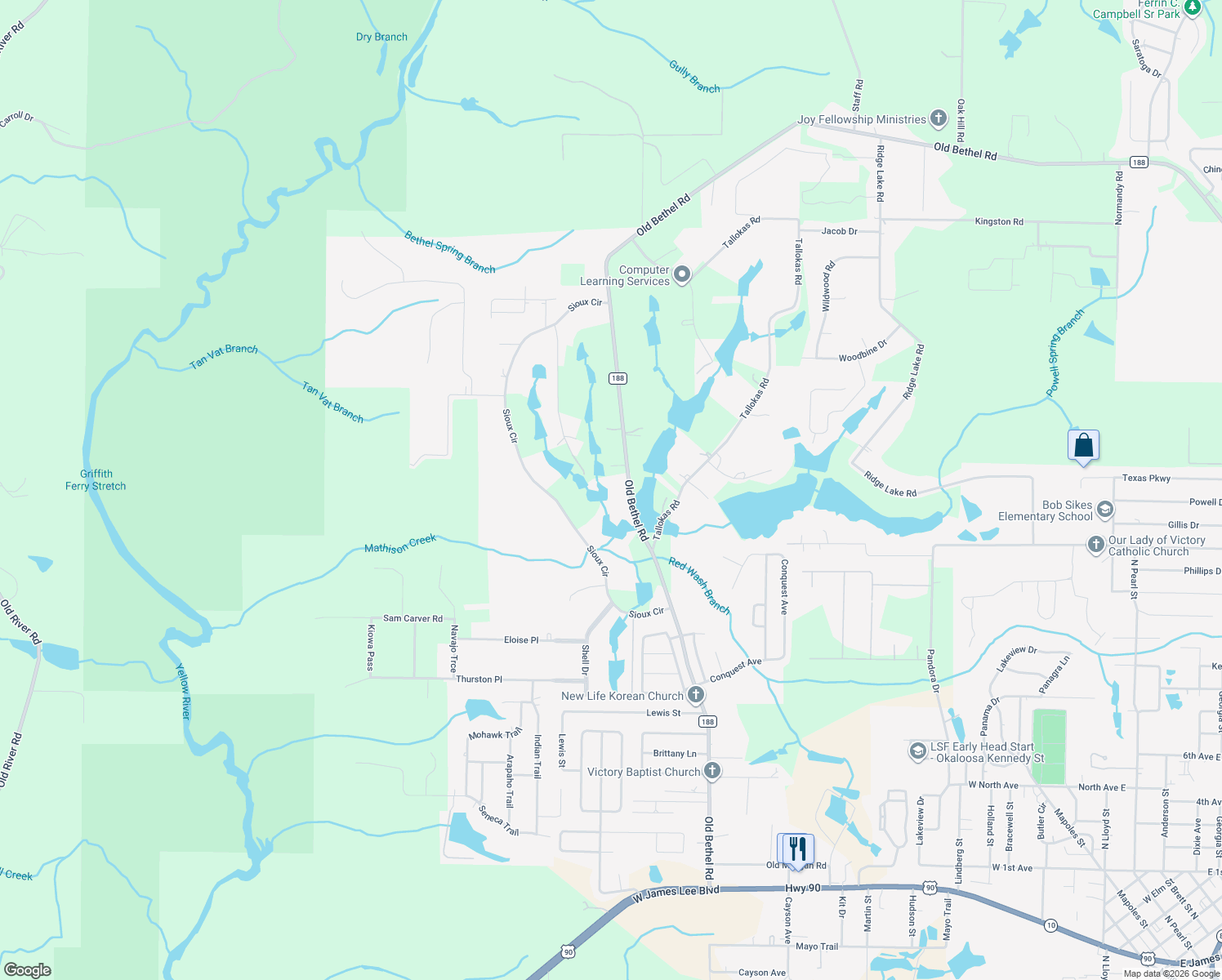 map of restaurants, bars, coffee shops, grocery stores, and more near 5642 Old Bethel Road in Crestview
