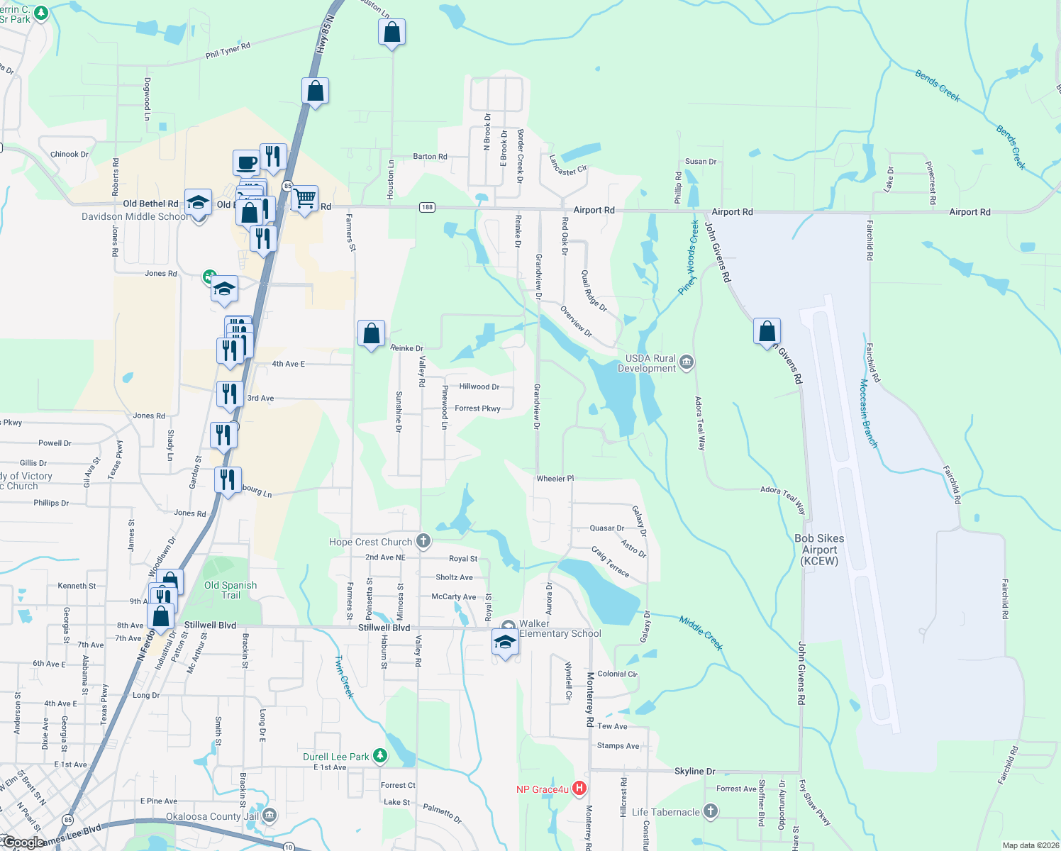 map of restaurants, bars, coffee shops, grocery stores, and more near 1211 Grandview Drive in Crestview