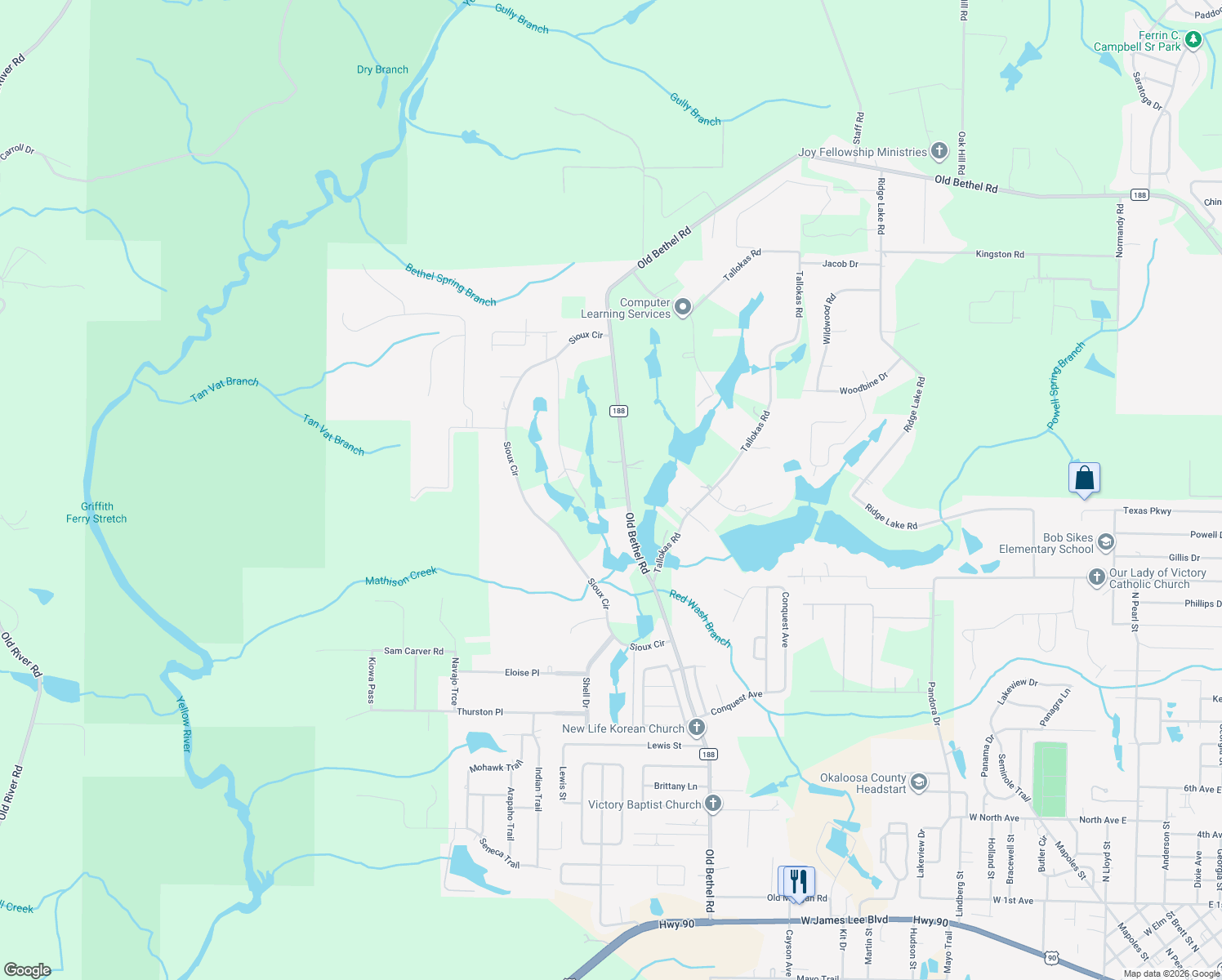 map of restaurants, bars, coffee shops, grocery stores, and more near 5652 Old Bethel Road in Crestview