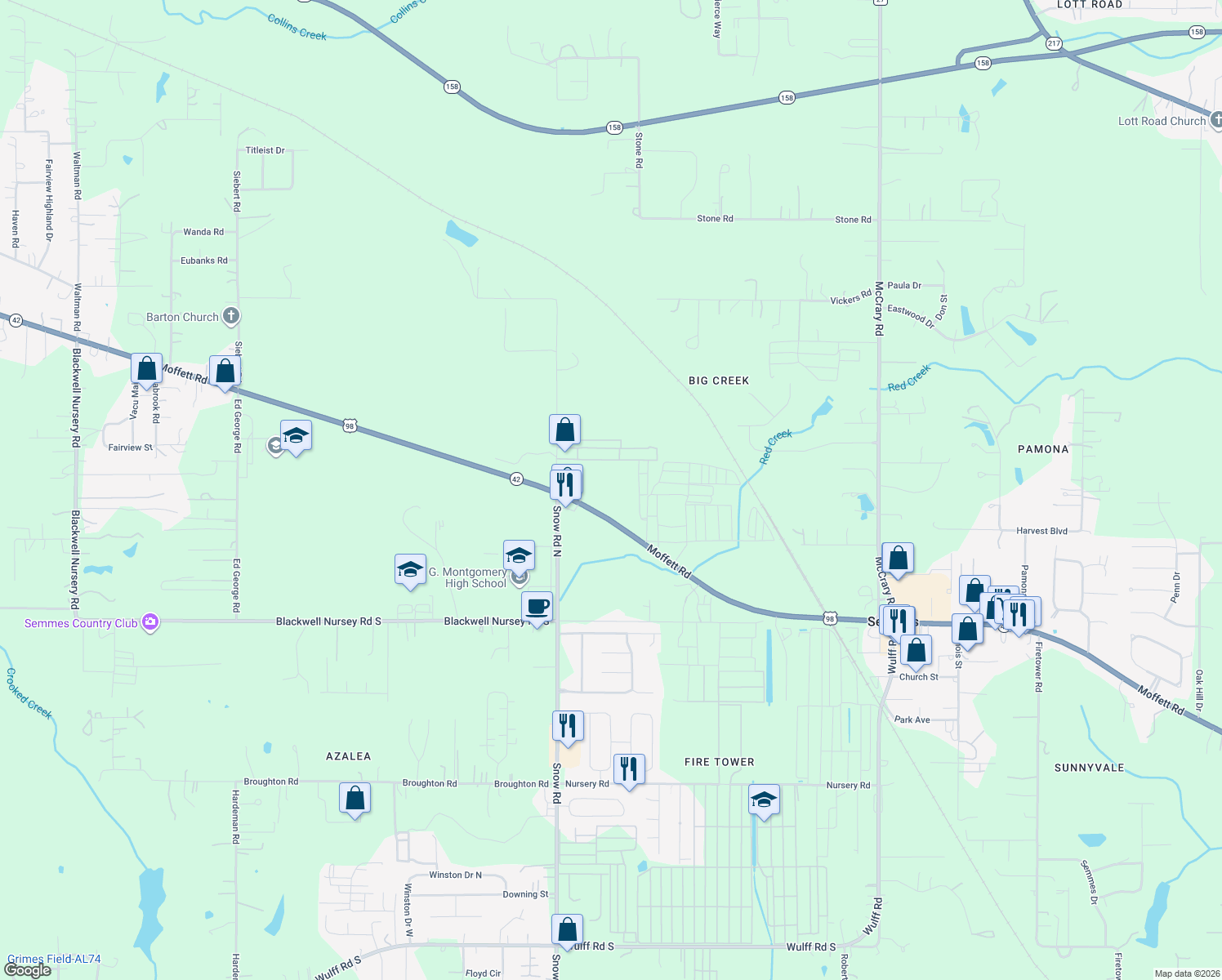 map of restaurants, bars, coffee shops, grocery stores, and more near 9800 Moffett Road in Semmes