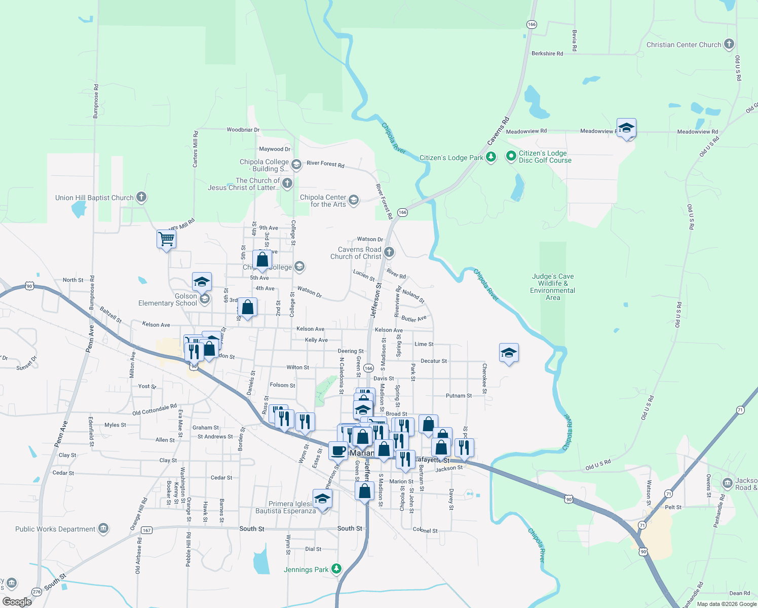 map of restaurants, bars, coffee shops, grocery stores, and more near 3024 Jefferson Street in Marianna