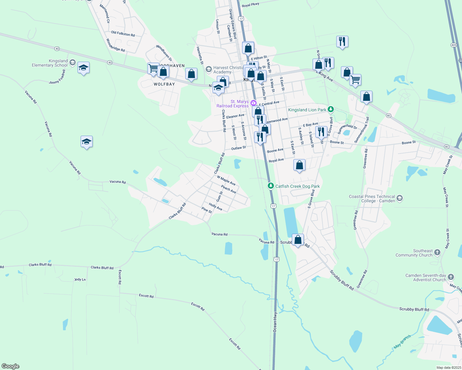 map of restaurants, bars, coffee shops, grocery stores, and more near 177 W Maple Ave in Kingsland